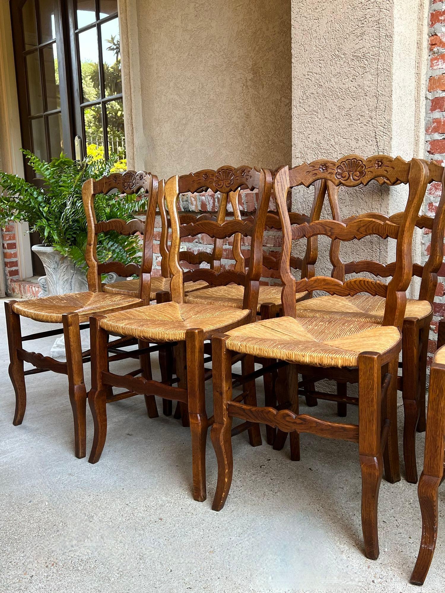 Set 8 Antique French Country Dining Chairs Carved Oak Rush Seat Ladder Back For Sale 10