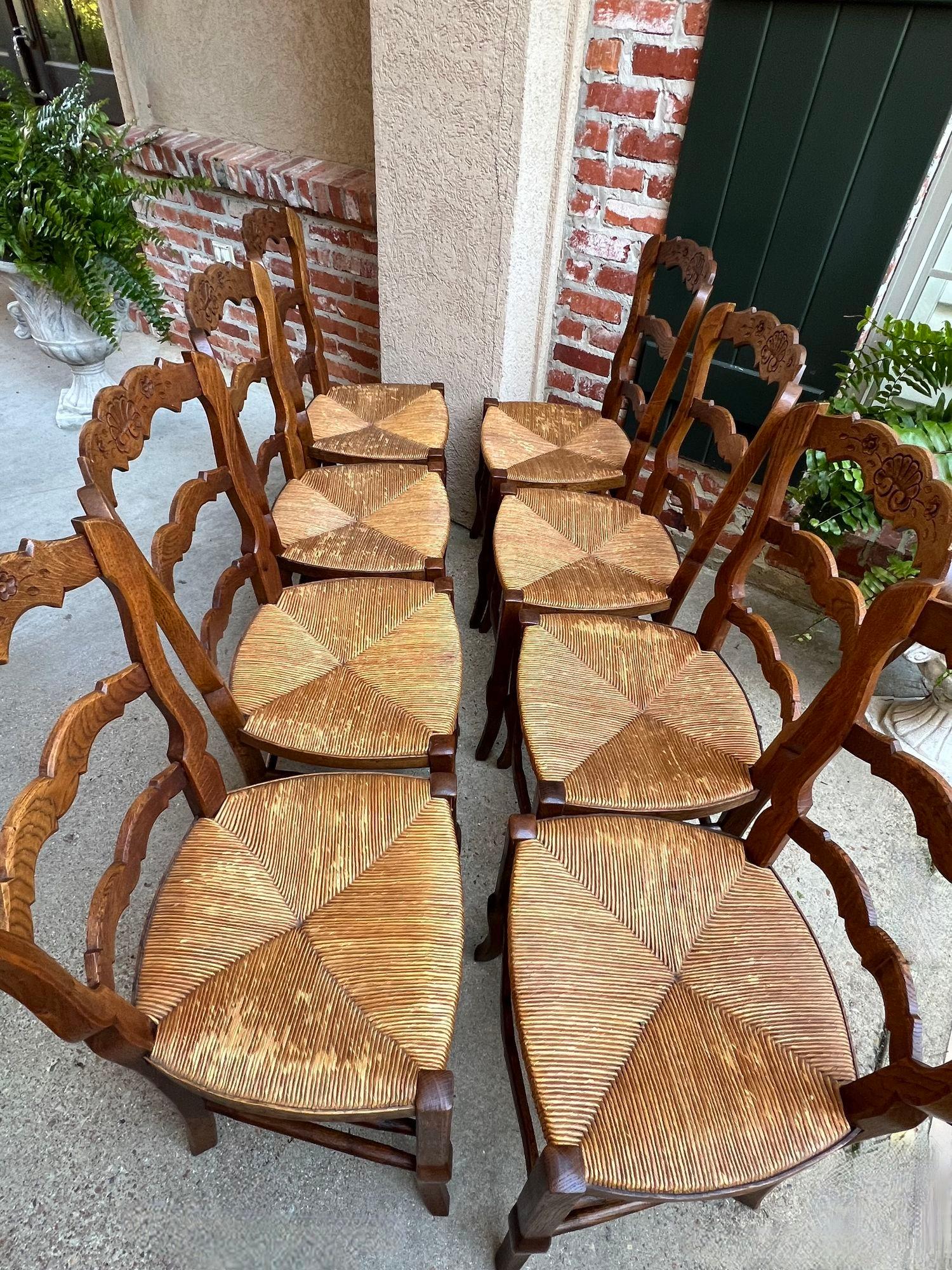 Set 8 Antique French Country Dining Chairs Carved Oak Rush Seat Ladder Back For Sale 11