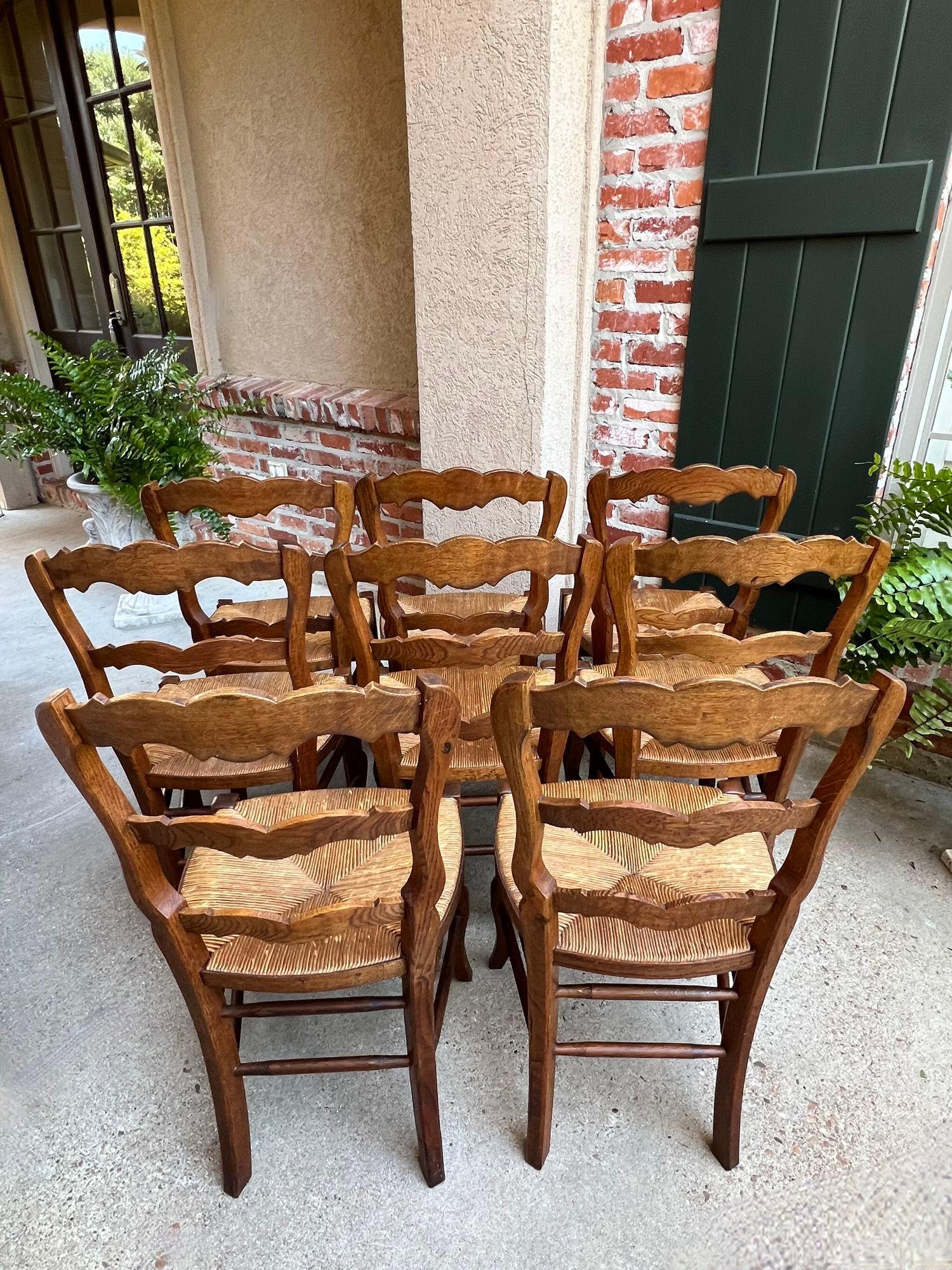 Set 8 Antique French Country Dining Chairs Carved Oak Rush Seat Ladder Back For Sale 13