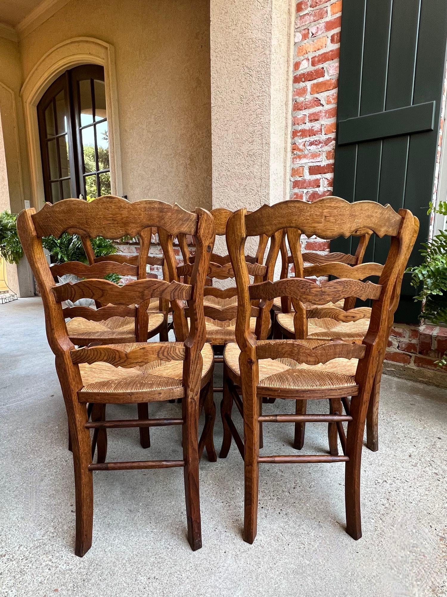 Set 8 Antique French Country Dining Chairs Carved Oak Rush Seat Ladder Back For Sale 14