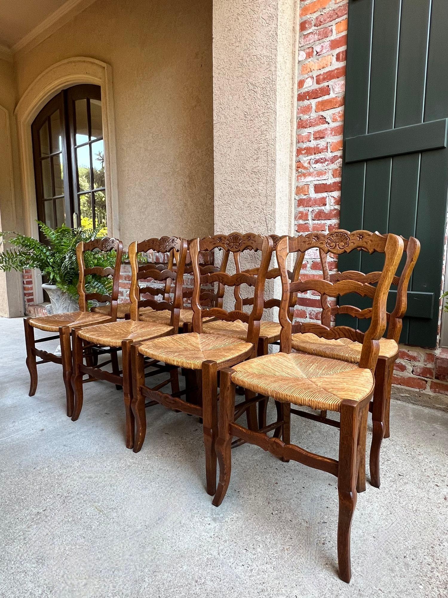 Hand-Woven Set 8 Antique French Country Dining Chairs Carved Oak Rush Seat Ladder Back For Sale