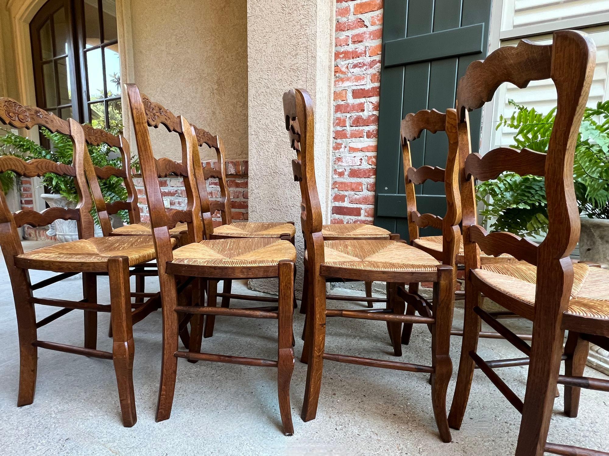 Early 20th Century Set 8 Antique French Country Dining Chairs Carved Oak Rush Seat Ladder Back For Sale