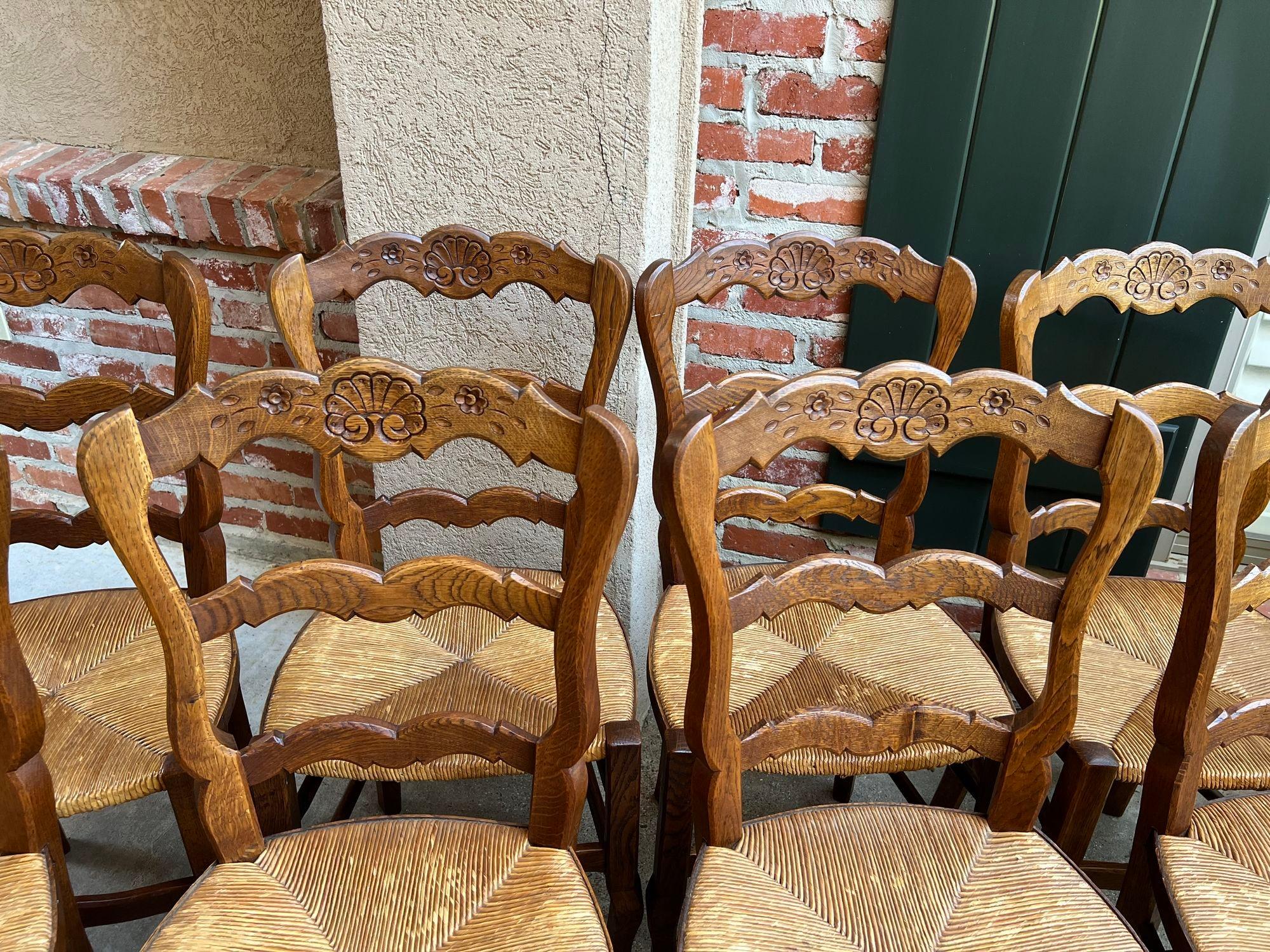 Set 8 Antique French Country Dining Chairs Carved Oak Rush Seat Ladder Back For Sale 1