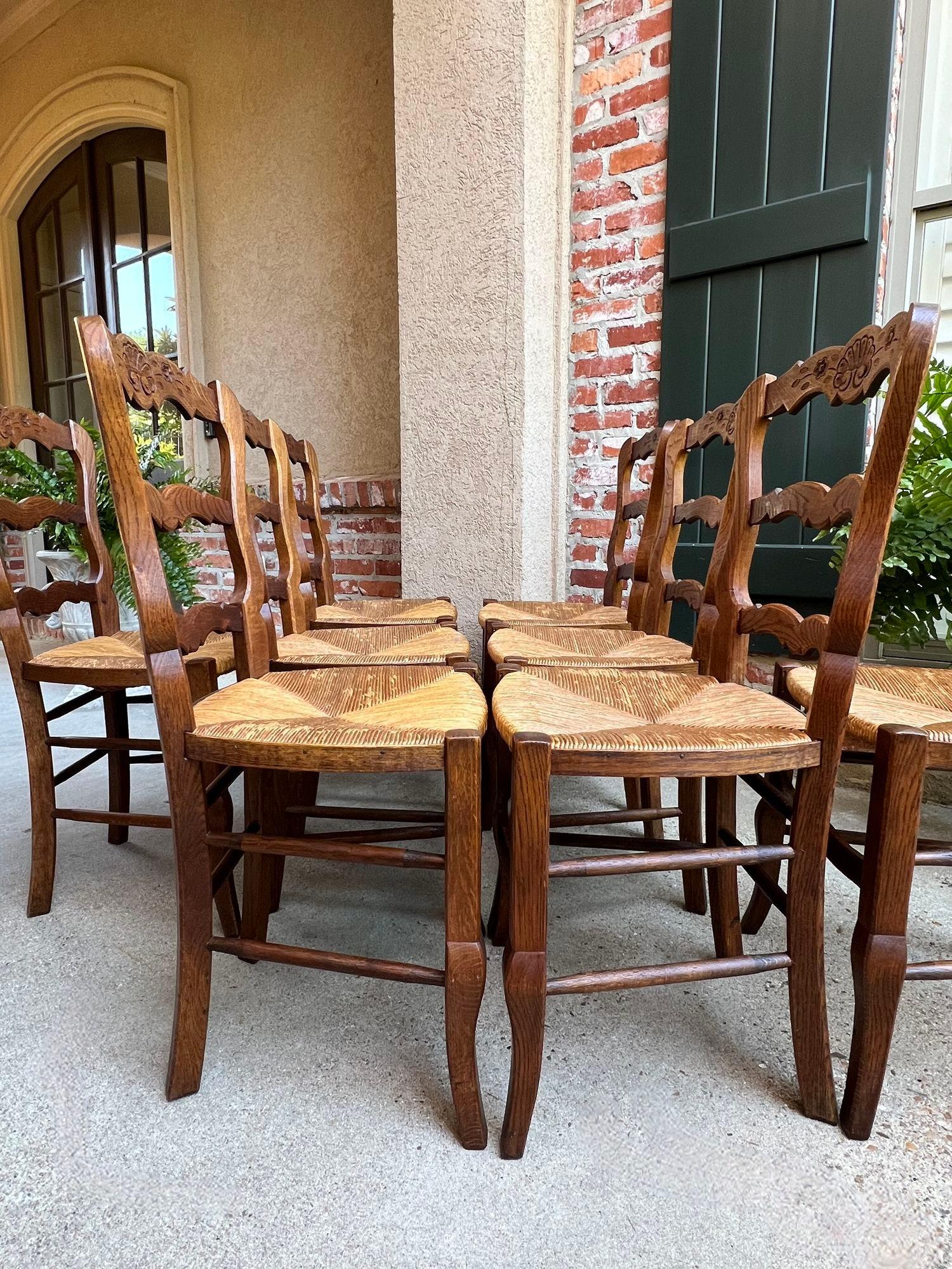Set 8 Antique French Country Dining Chairs Carved Oak Rush Seat Ladder Back For Sale 2