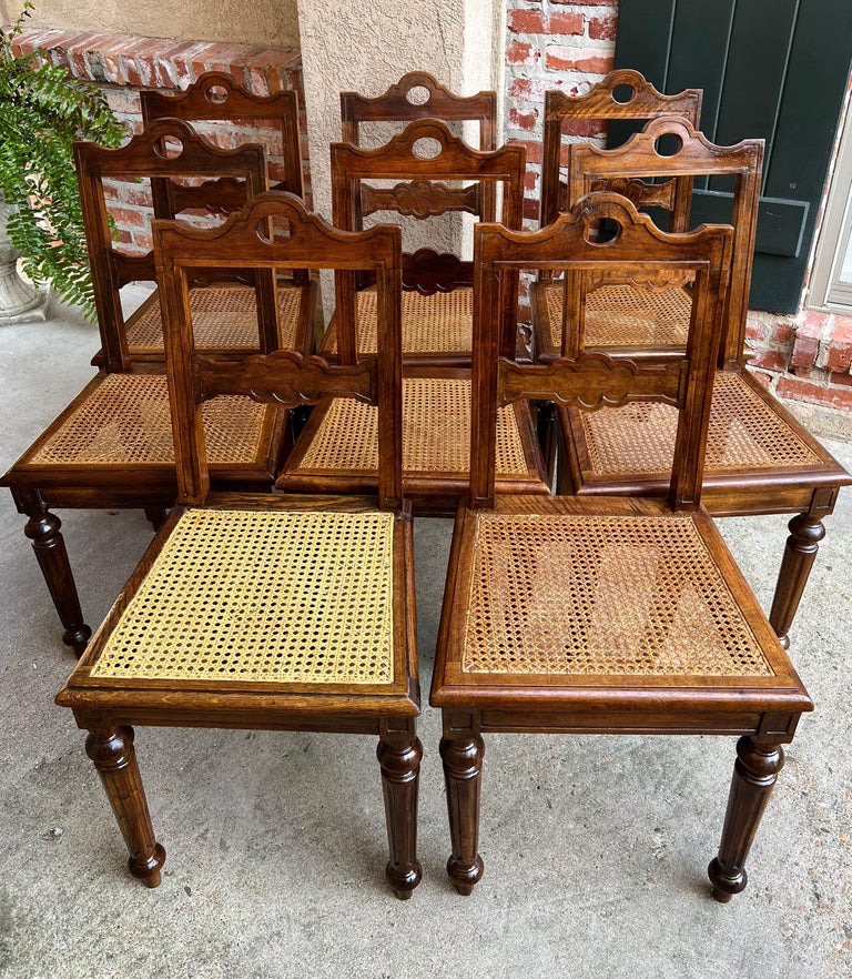 Set 8 Antique French Provincial Carved Oak Ladder Back Dining Chair Cane Seat For Sale at 1stDibs