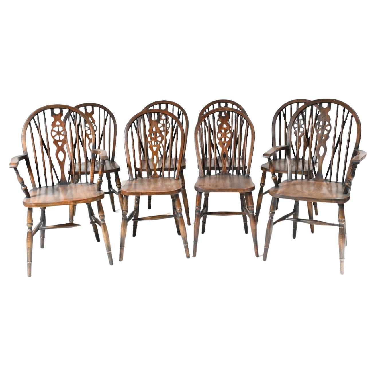 Set 8 Antique Windsor Chairs Wheelback Kitchen Diners 1890 For Sale