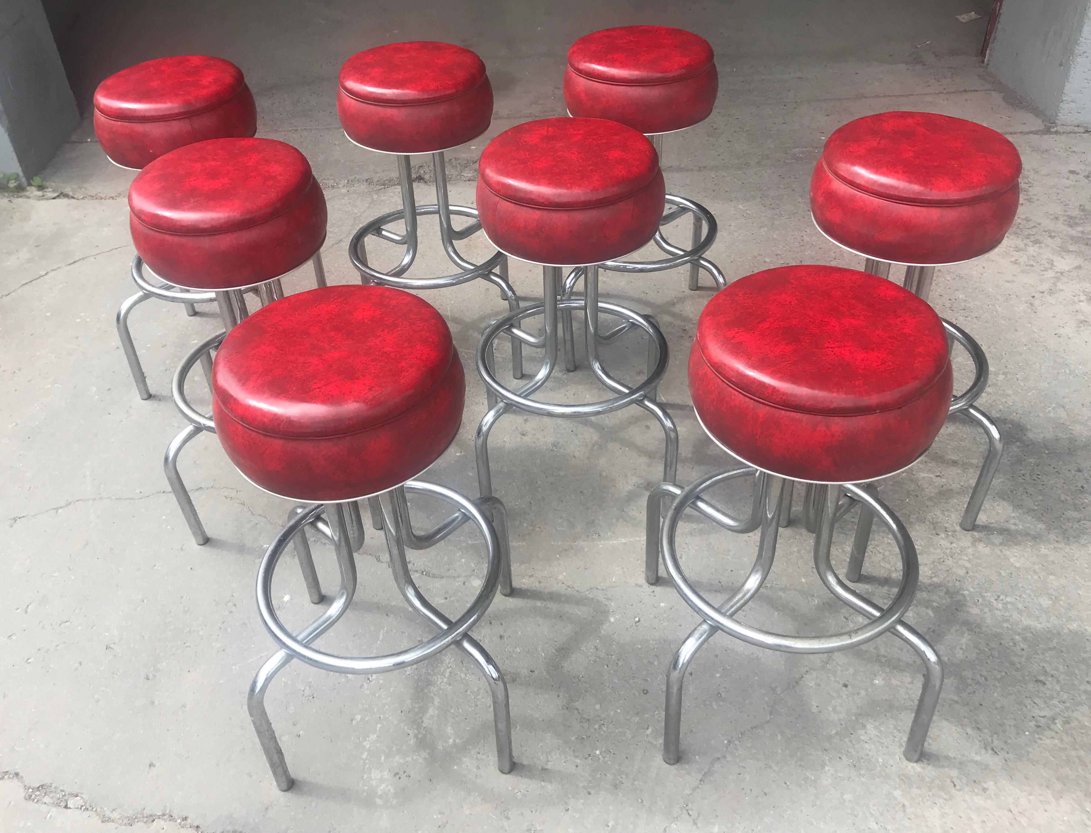 American Set 8 Art Deco Stylized Red and Chrome Bar / Counter Stools, Wolfgang Hoffmann