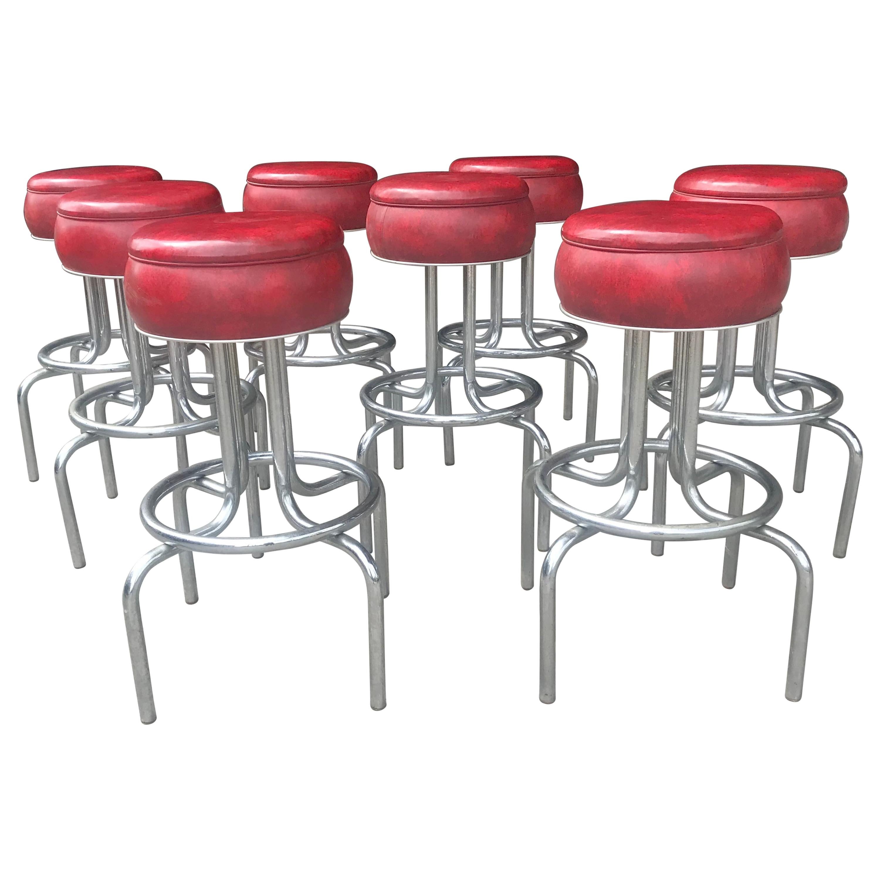 Set 8 Art Deco Stylized Red and Chrome Bar / Counter Stools, Wolfgang Hoffmann