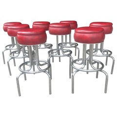 Vintage Set 8 Art Deco Stylized Red and Chrome Bar / Counter Stools, Wolfgang Hoffmann