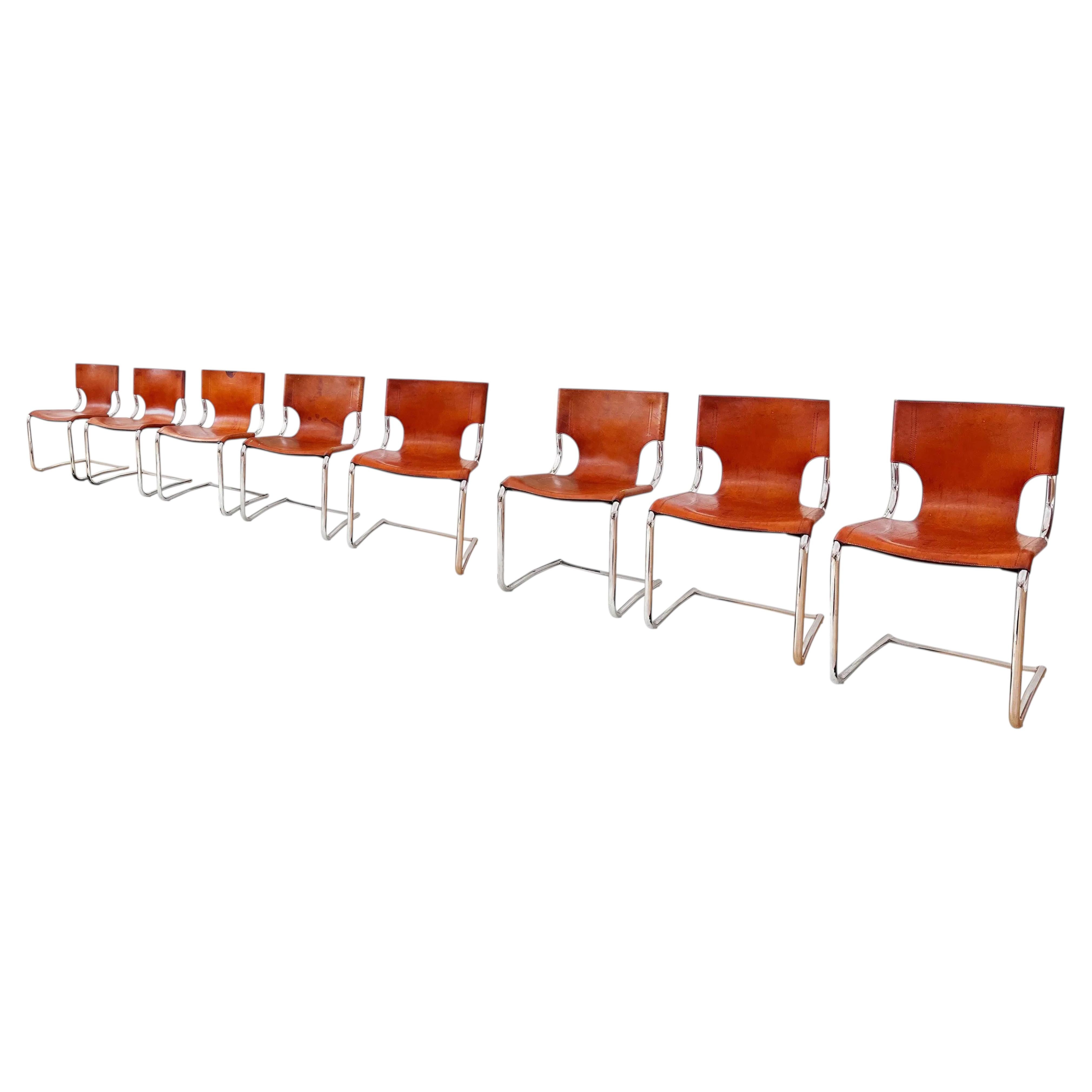 Set 8 Carlo Bartoli T 70 920 Cantilever Chairs Brown Leather - 8 PCS