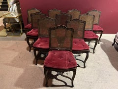 Set 10 Carved Walnut French Louis XV Cane Seat and Back Dining Chairs