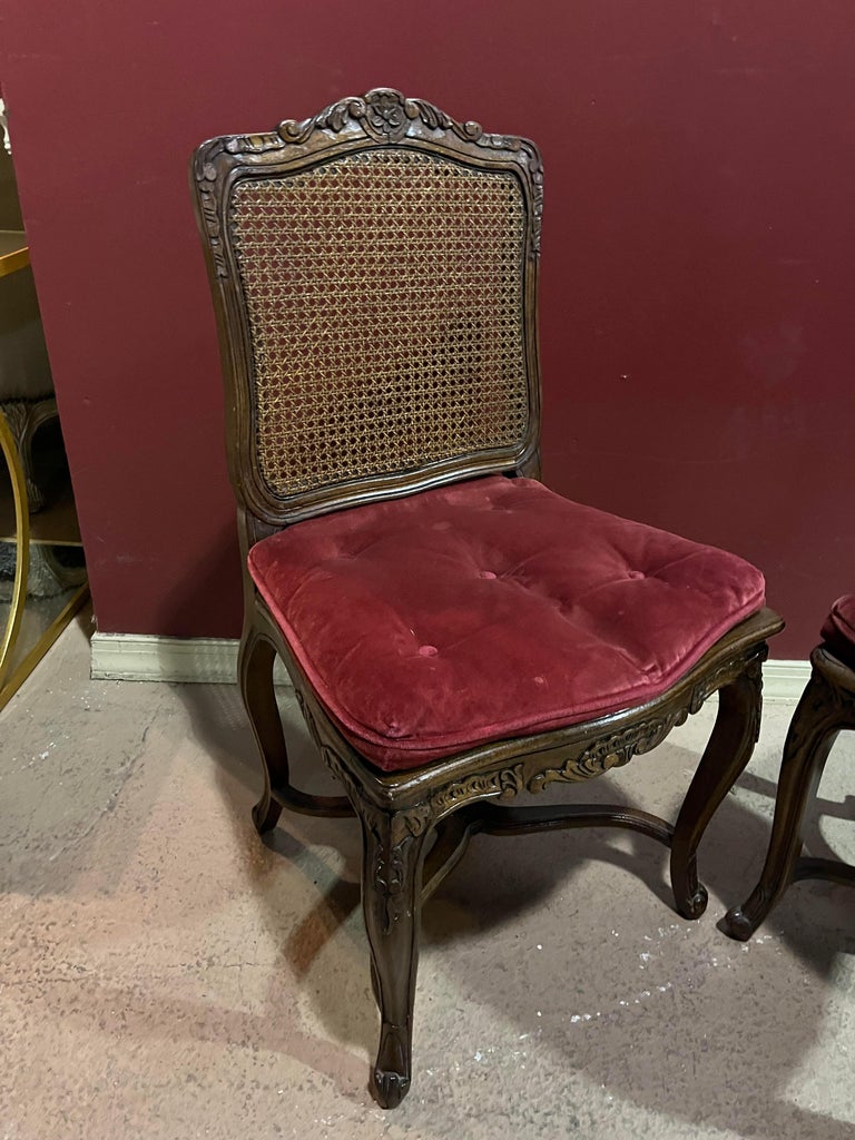 Mid-20th Century Set 10 Carved Walnut French Louis XV Cane Seat and Back Dining Chairs For Sale