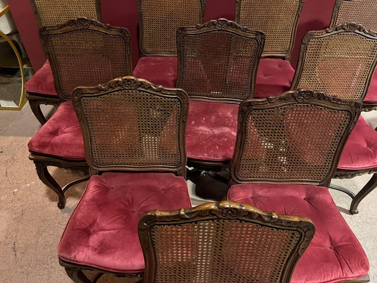 Set 10 Carved Walnut French Louis XV Cane Seat and Back Dining Chairs For Sale 3