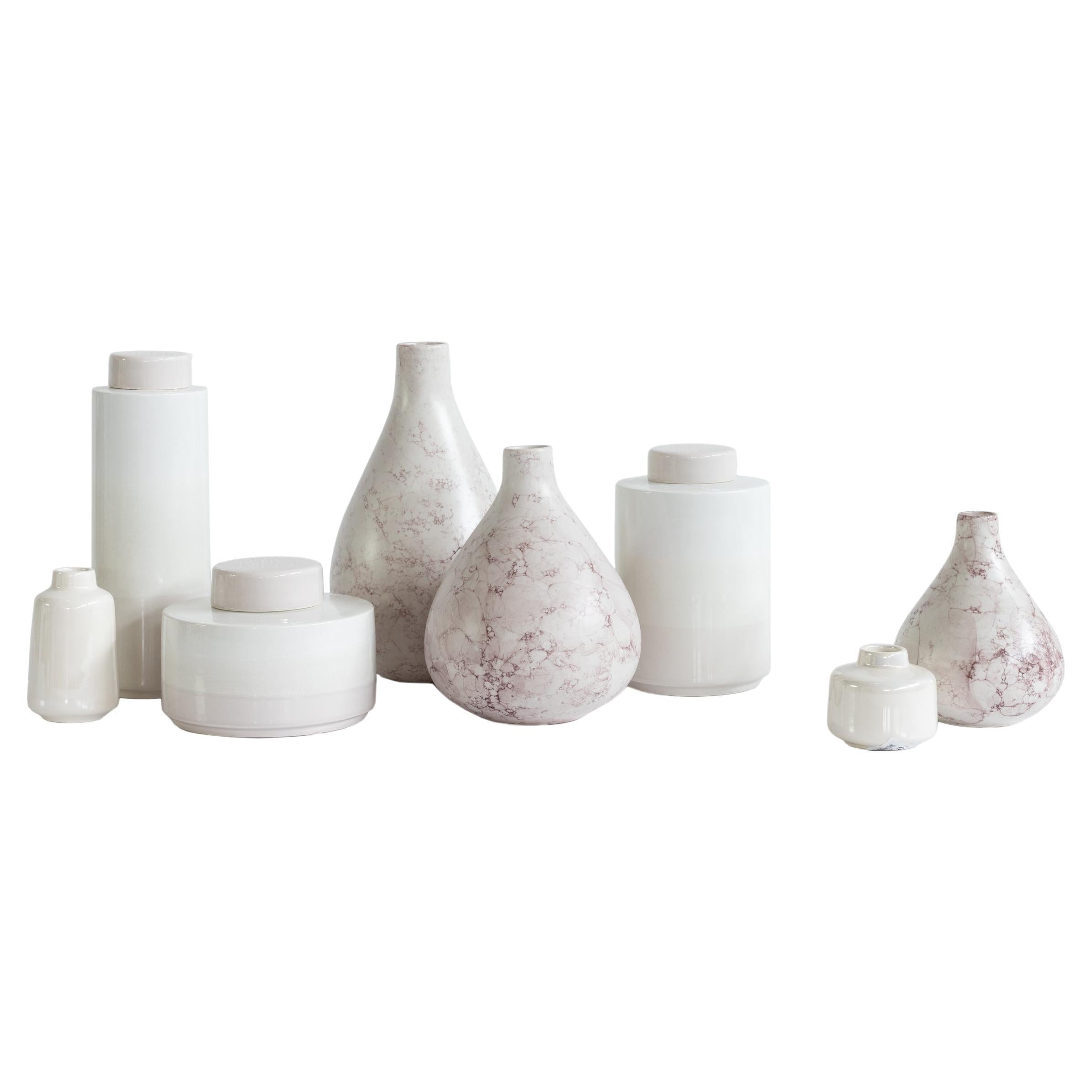 Set/8 Ceramic Jars & Pots, White & Pink, Handmade in Portugal by Lusitanus Home