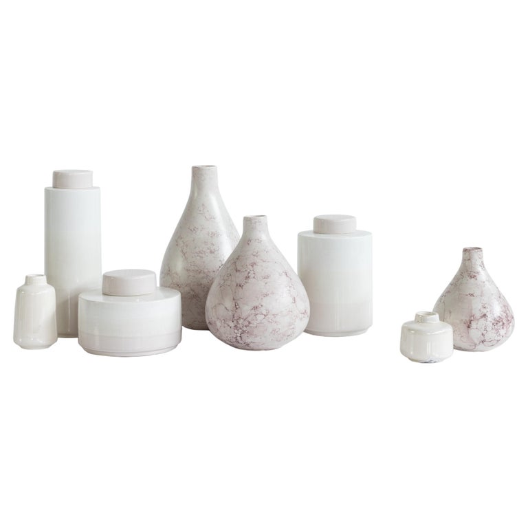 Set/8 Ceramic Jars and Pots, White and Pink, Handmade in Portugal by