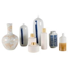 Set/8 Ceramic Vases, Blue White Gold, Handmade in Portugal by Lusitanus Home