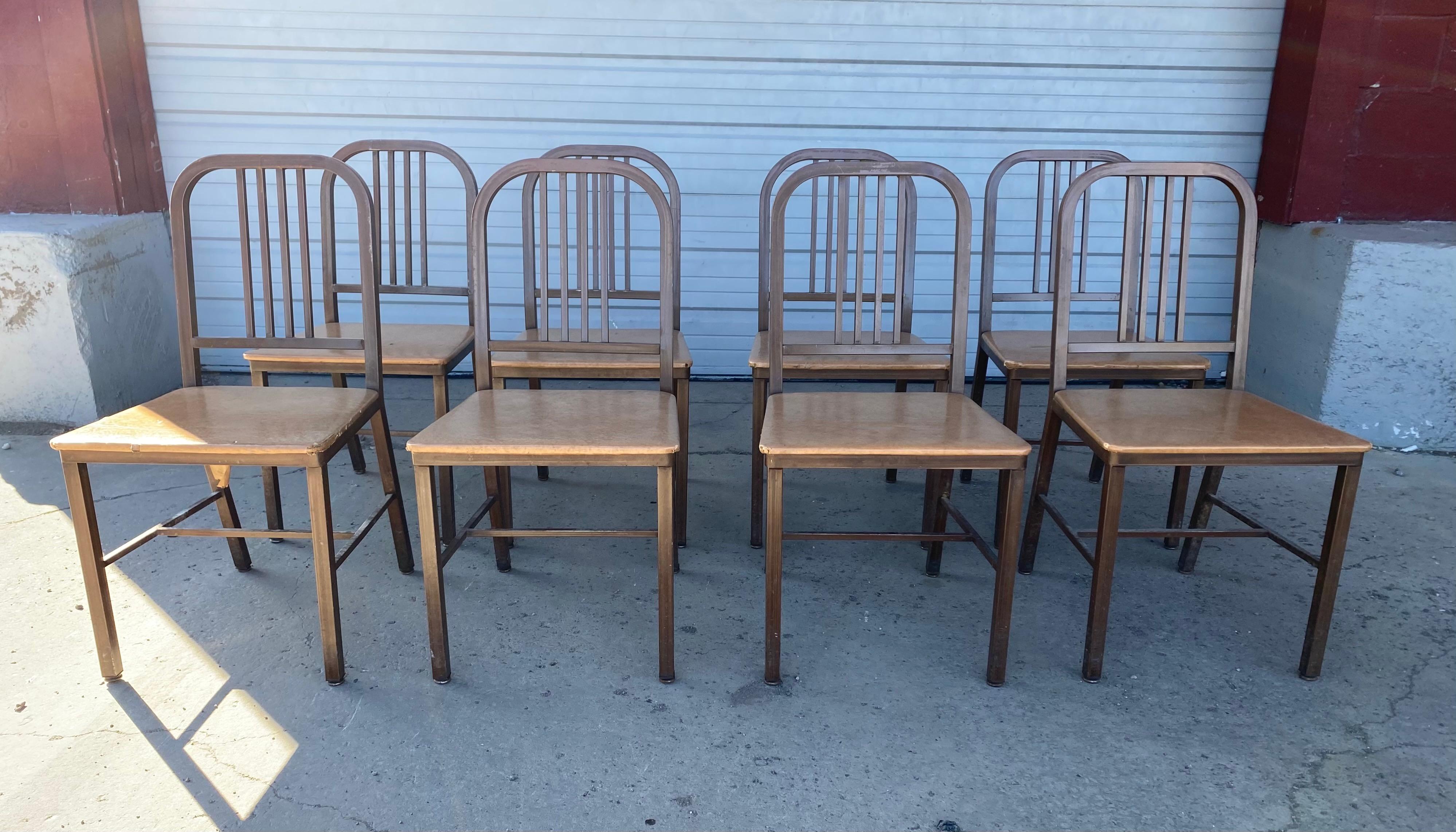 Set 8 Classic industrial metal side chairs made by HARD MFG CO. Great set, dining. Kitchen, retain original paint, patina. Also retain original labels.