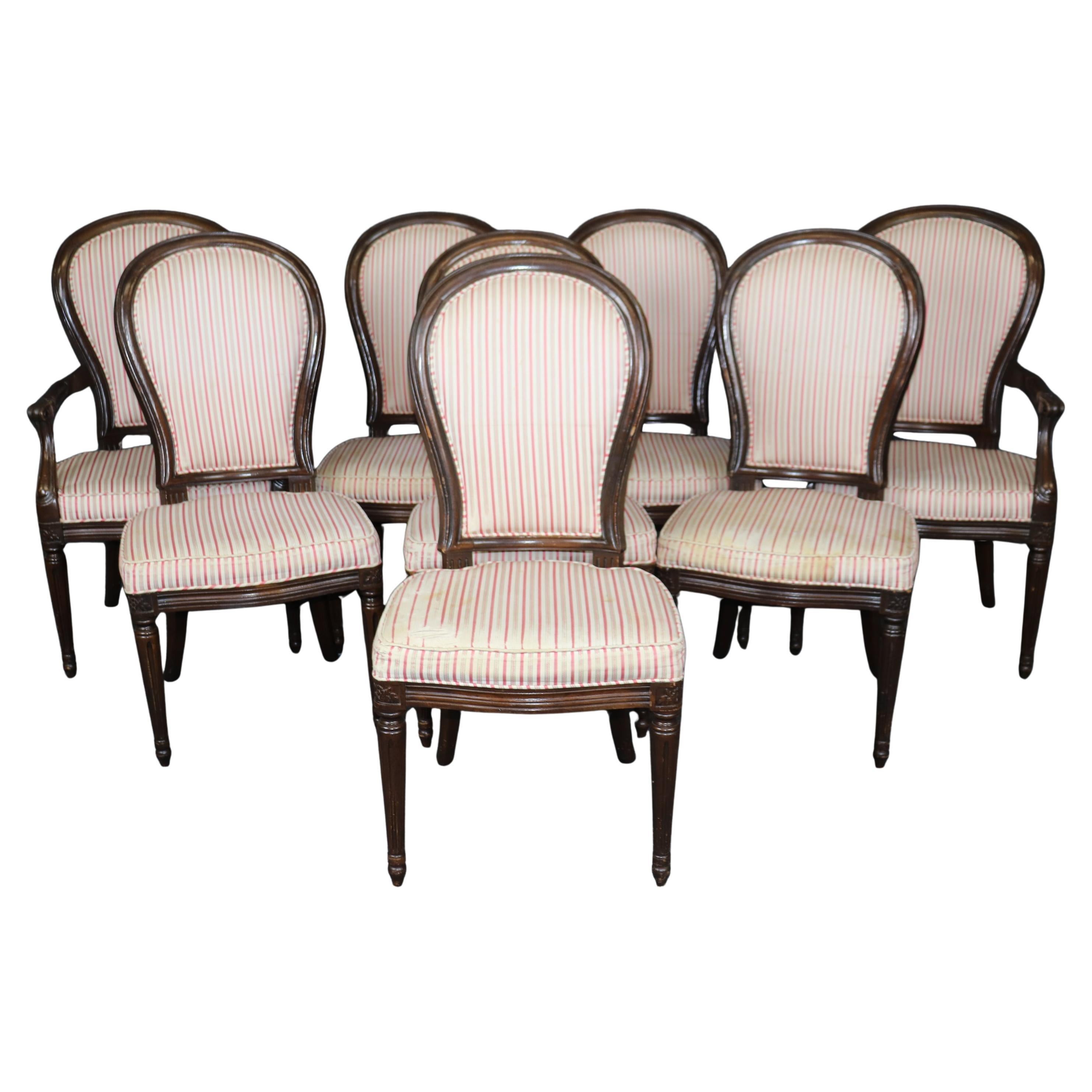 Set 8 Dark Mahogany French Louis XVI Style Dining Chairs Balloon Backs