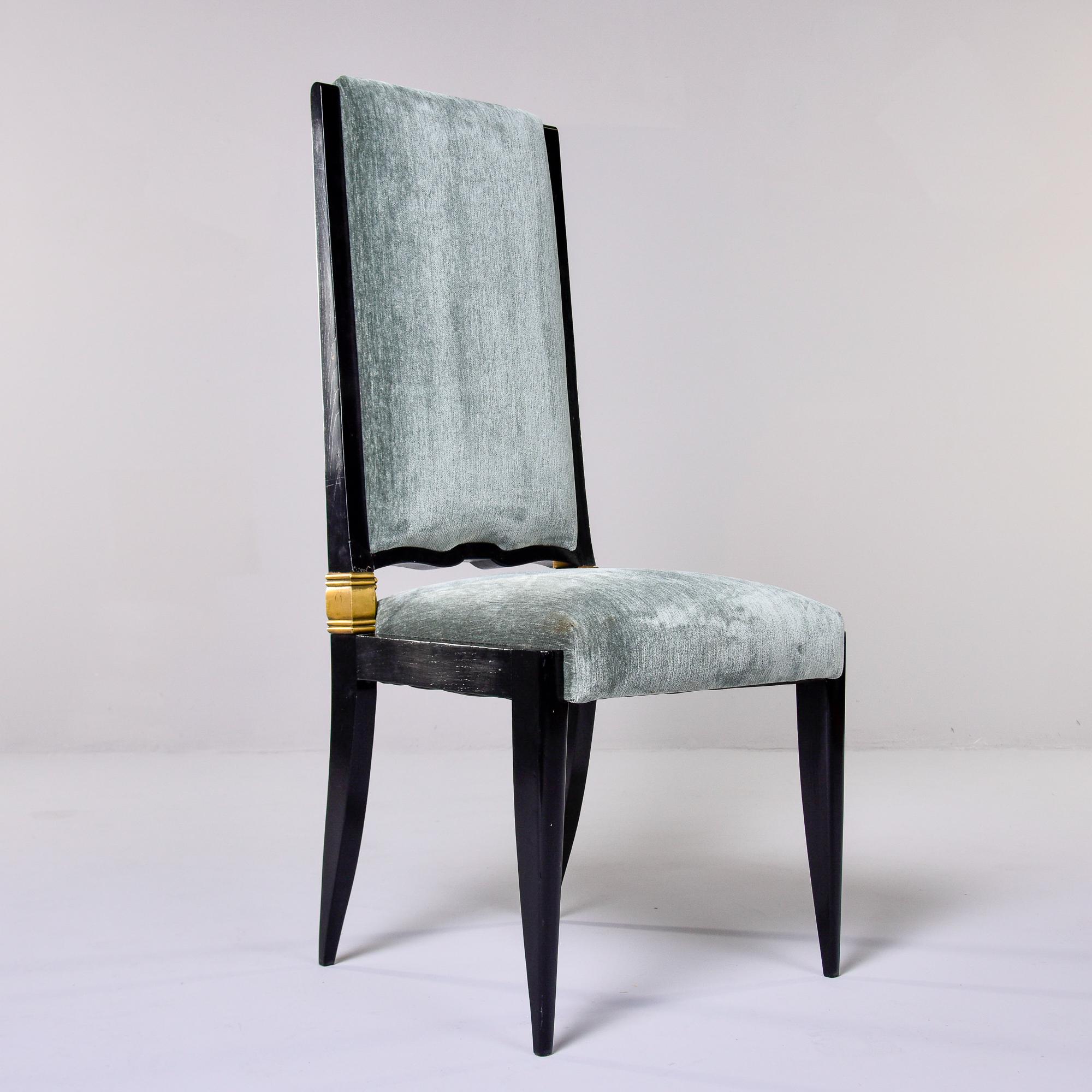 Set 8 Deco Ebonised Dining Chairs With Brass + New Velvet Attrib to Jules Leleu 4