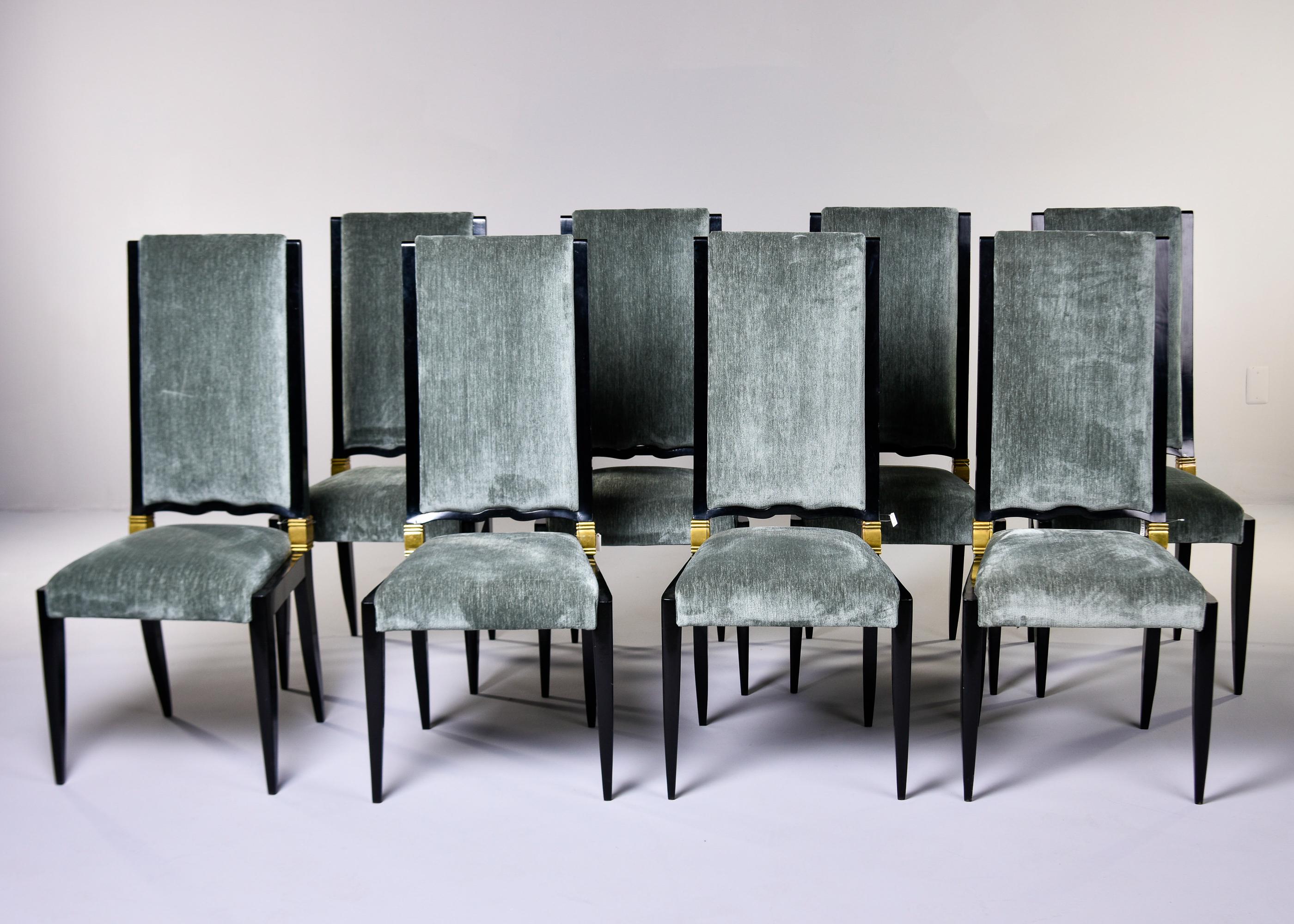 Art Deco Set 8 Deco Ebonised Dining Chairs With Brass + New Velvet Attrib to Jules Leleu
