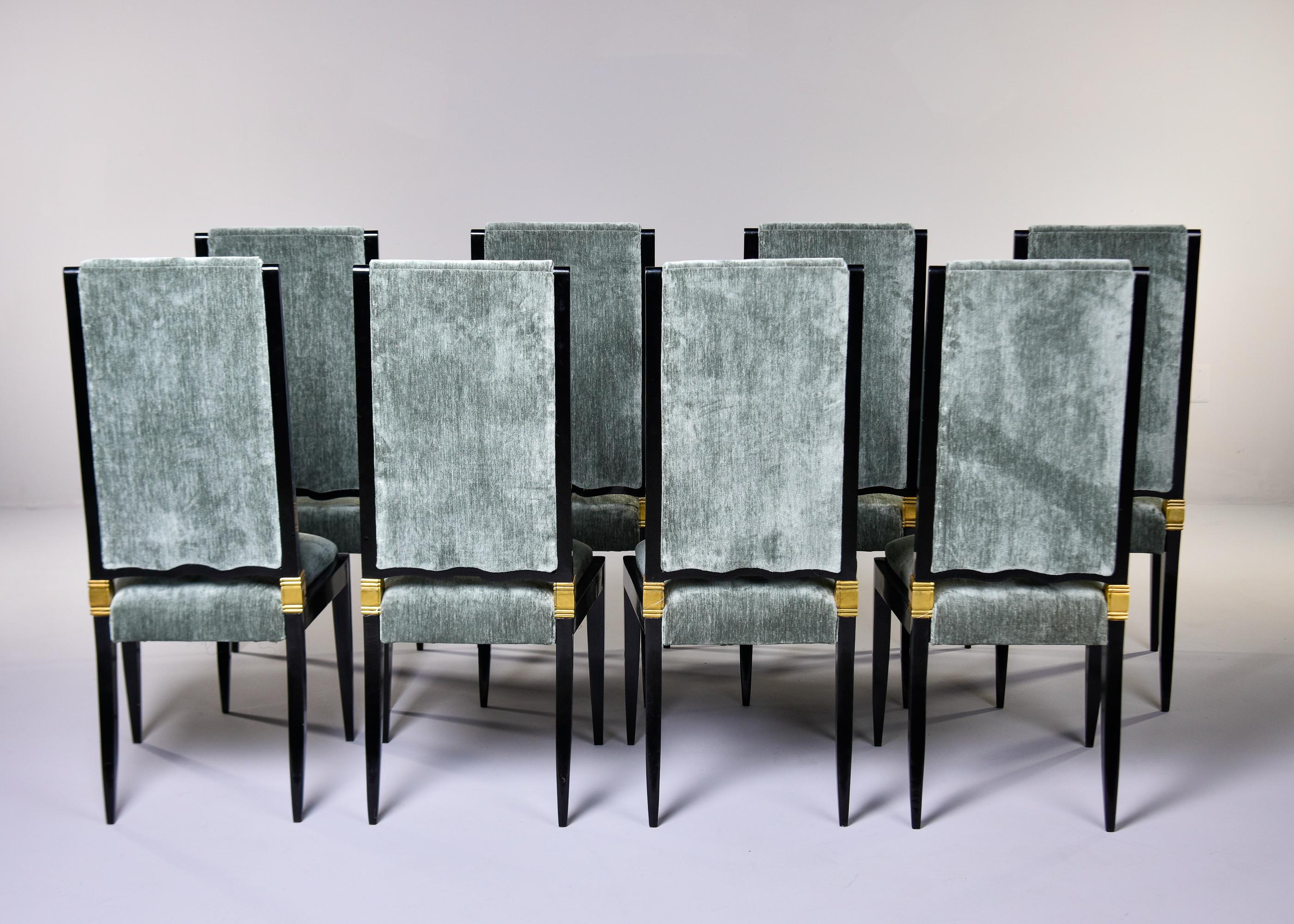 French Set 8 Deco Ebonised Dining Chairs With Brass + New Velvet Attrib to Jules Leleu
