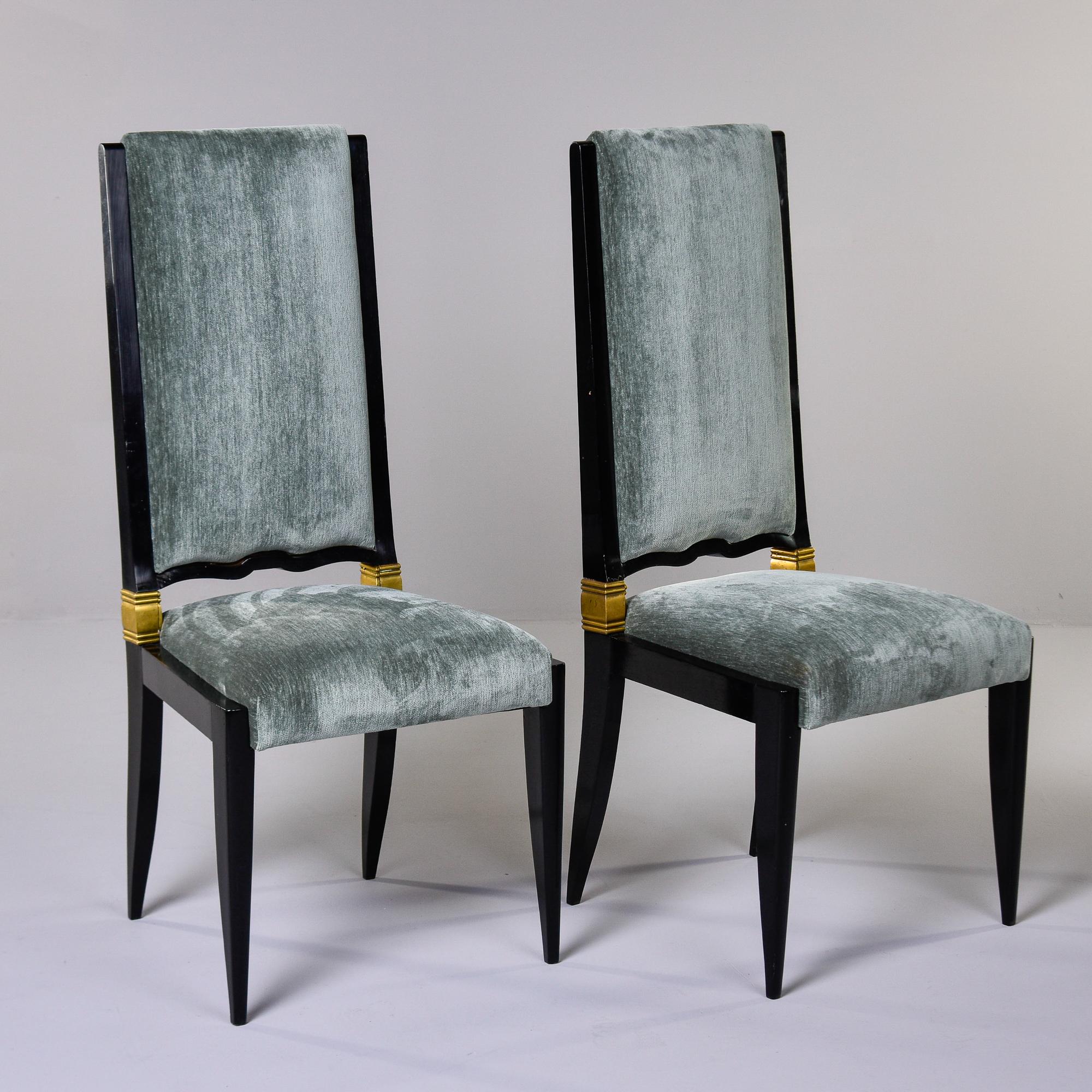 Ebonized Set 8 Deco Ebonised Dining Chairs With Brass + New Velvet Attrib to Jules Leleu