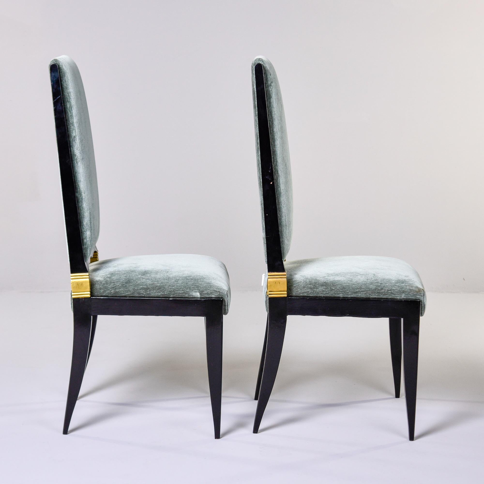 Set 8 Deco Ebonised Dining Chairs With Brass + New Velvet Attrib to Jules Leleu In Good Condition In Troy, MI