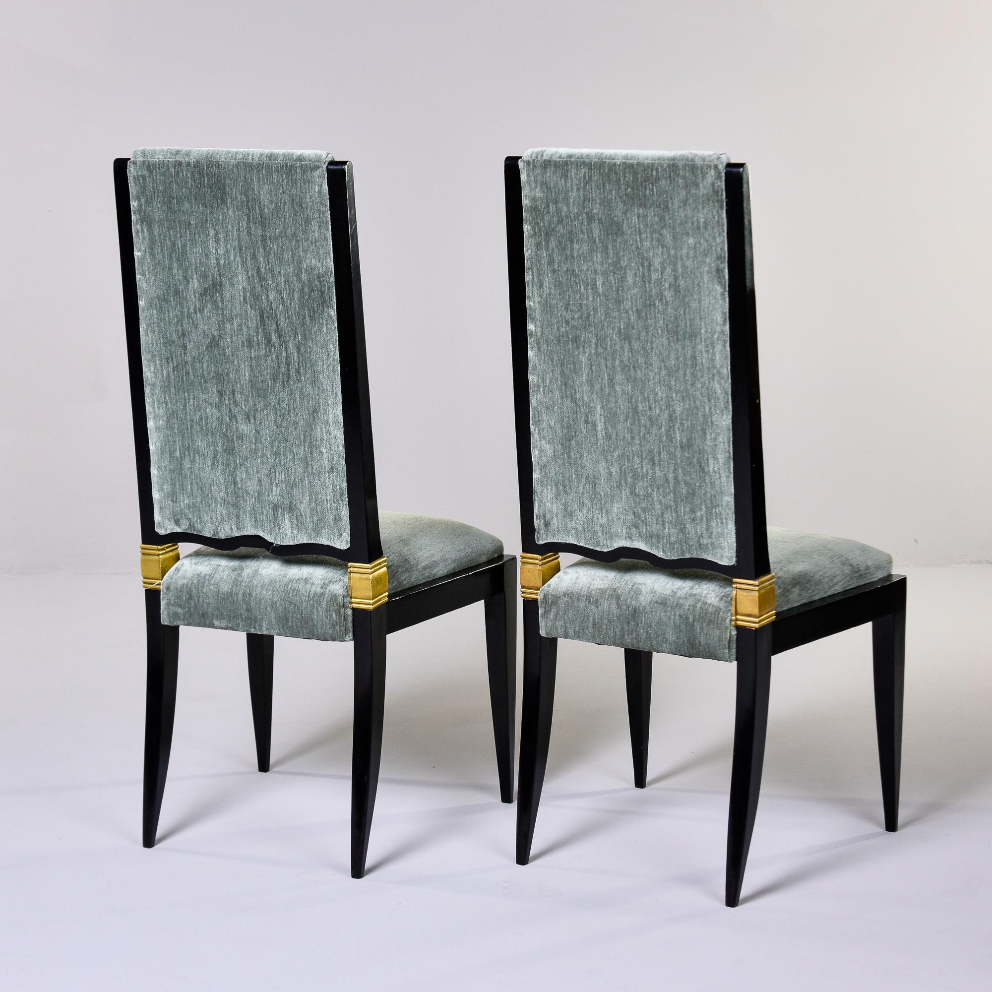 20th Century Set 8 Deco Ebonised Dining Chairs With Brass + New Velvet Attrib to Jules Leleu