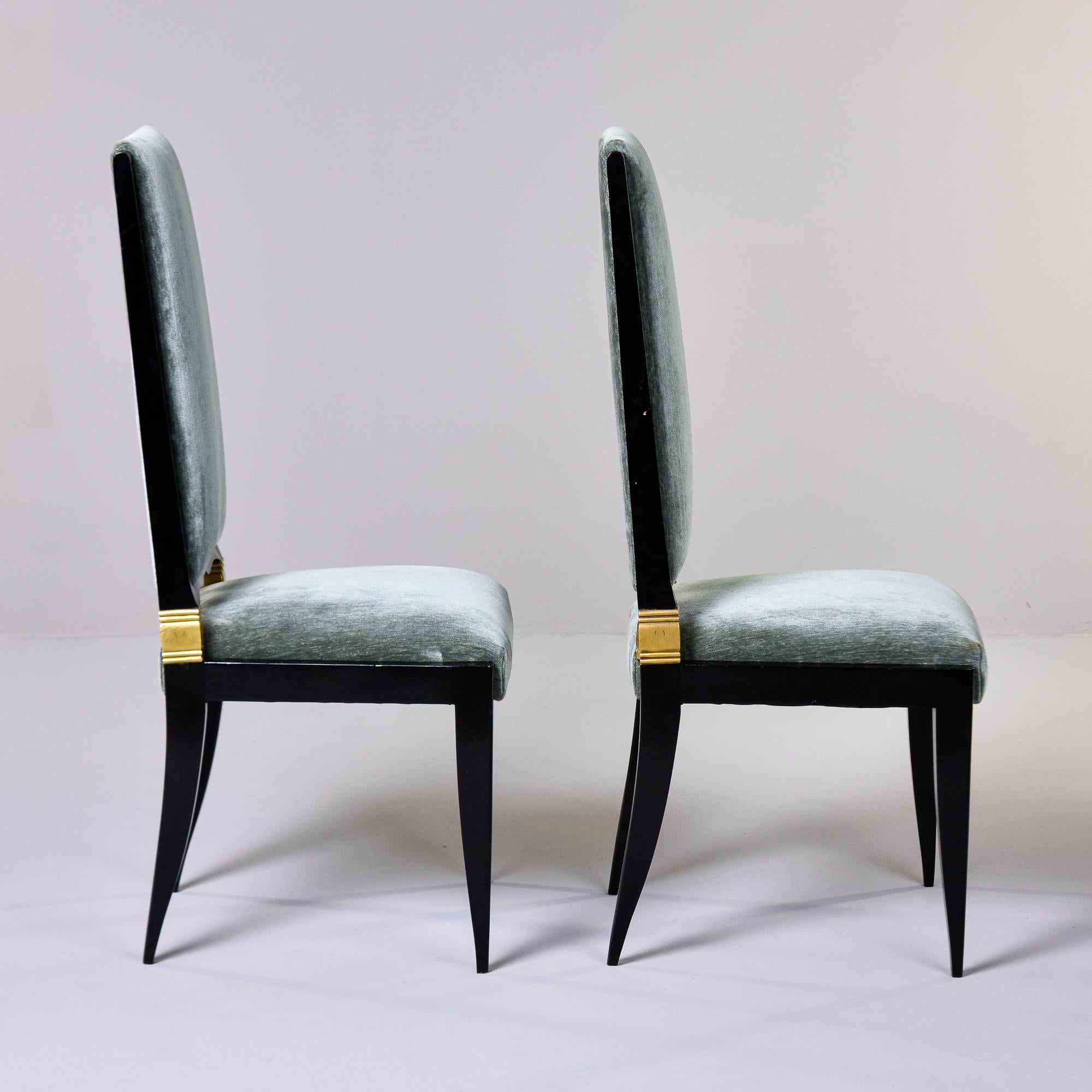 Set 8 Deco Ebonised Dining Chairs With Brass + New Velvet Attrib to Jules Leleu 1