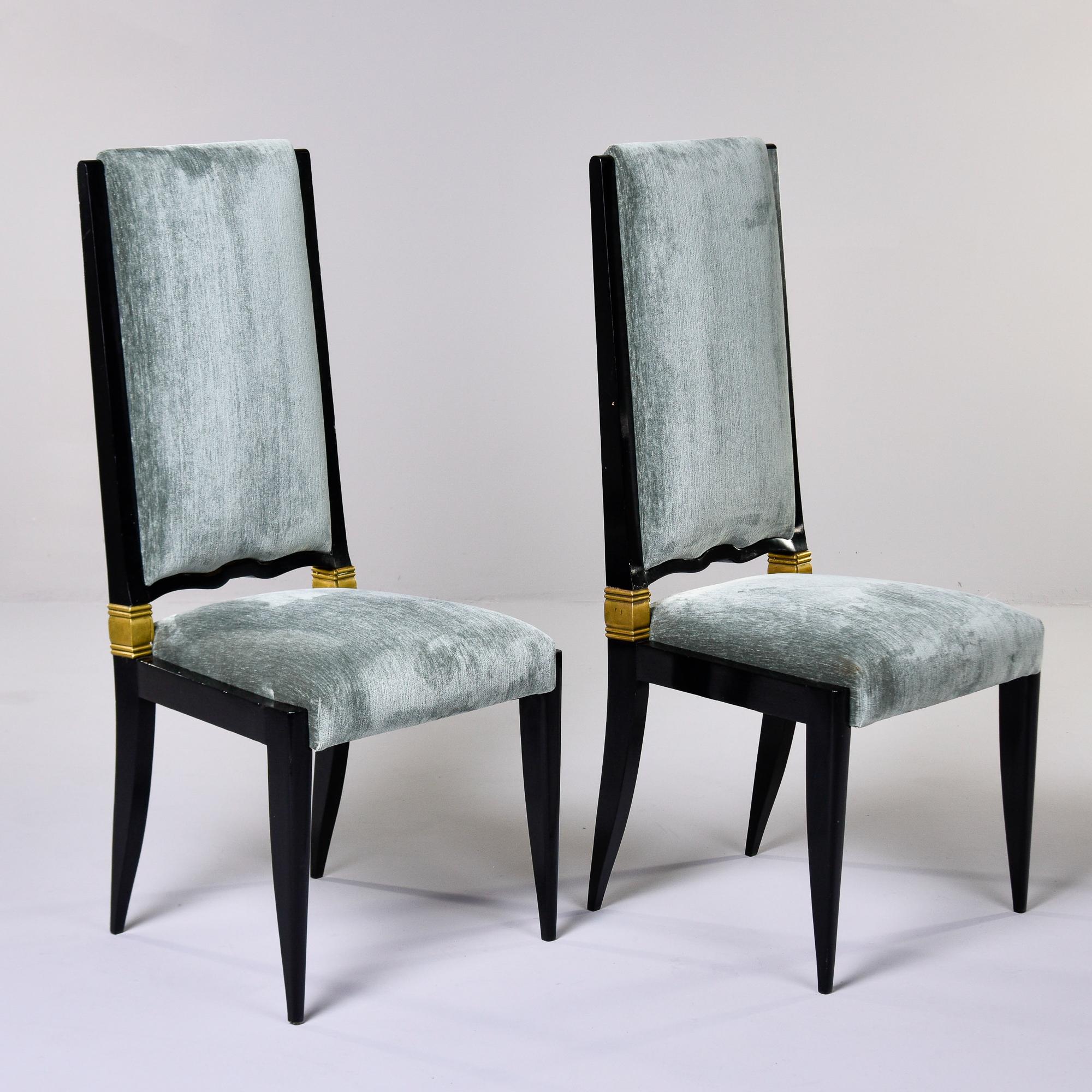 Set 8 Deco Ebonised Dining Chairs With Brass + New Velvet Attrib to Jules Leleu 2