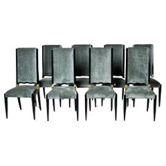 Set 8 Deco Ebonised Dining Chairs With Brass + New Velvet Attrib to Jules Leleu
