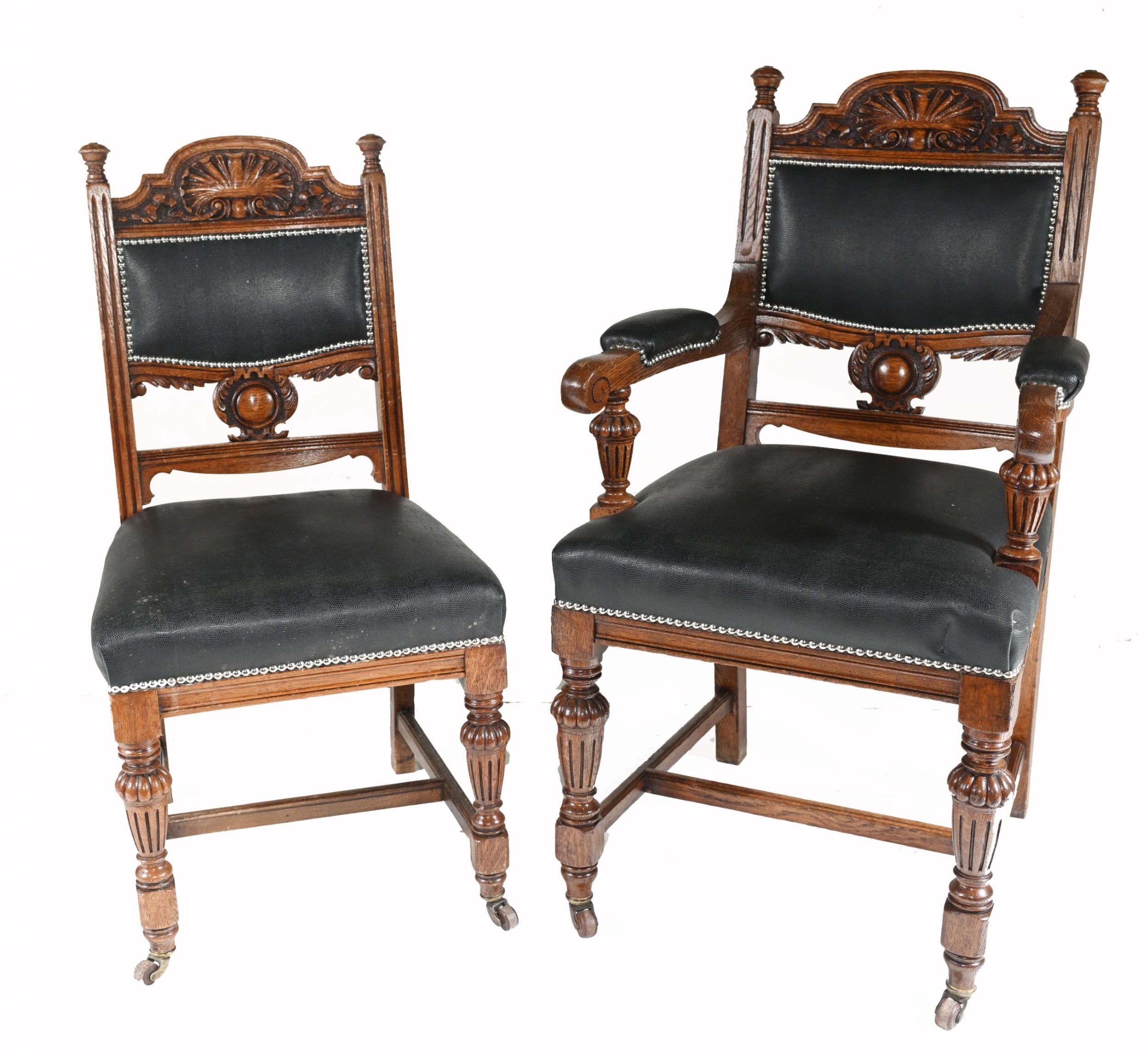 Glorious set of 8 antique farmhouse dining chairs
Set consists of 6 side chairs and 6 side chairs
Very comfortable to sit in with cushioned seats
Lots of hand carved details
We have various refectory tables to match.
Some of our items are in
