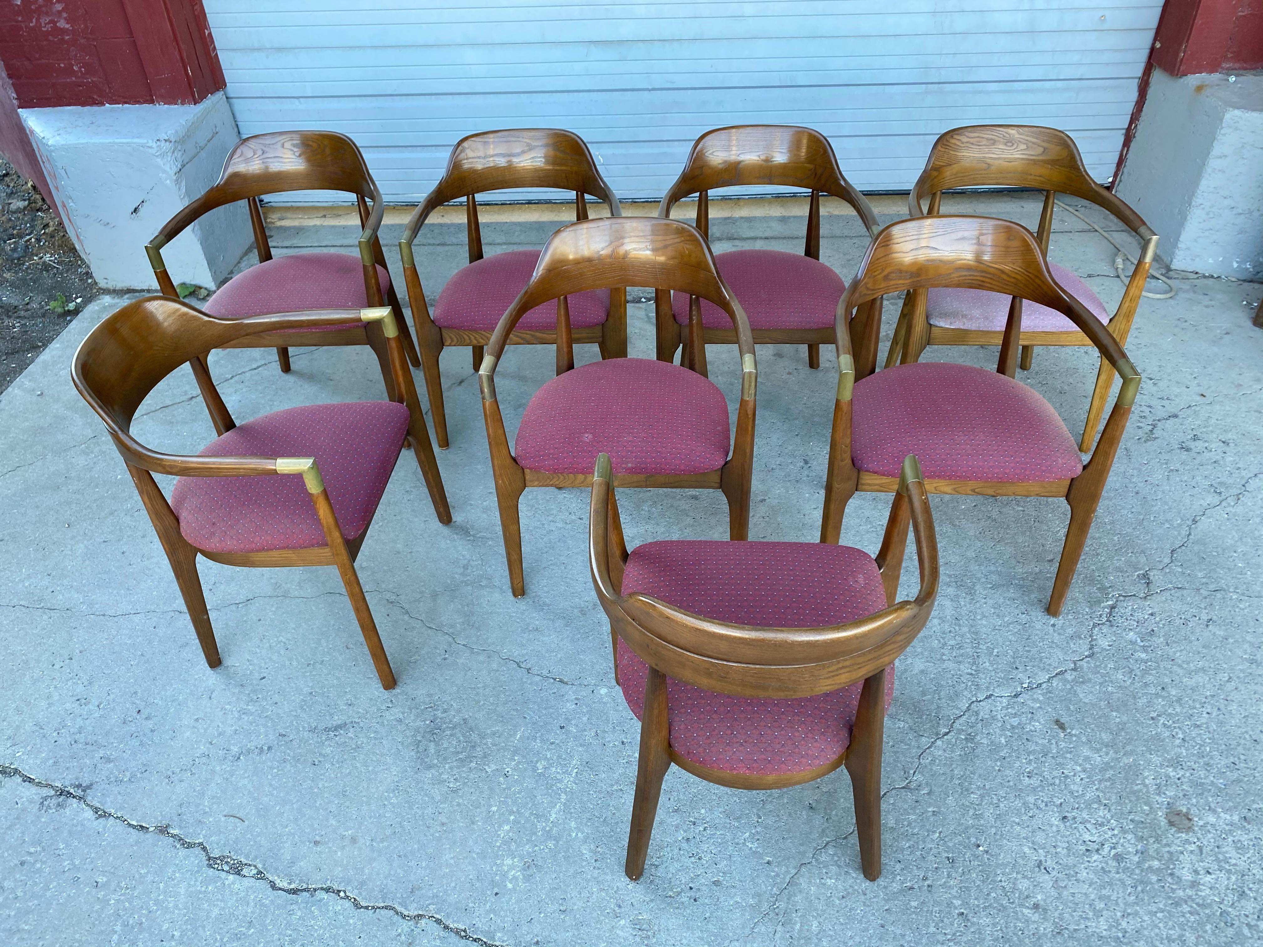 Brass Set 8 Figured Walnut Modernist Armchairs, conference, Gunlocke For Sale