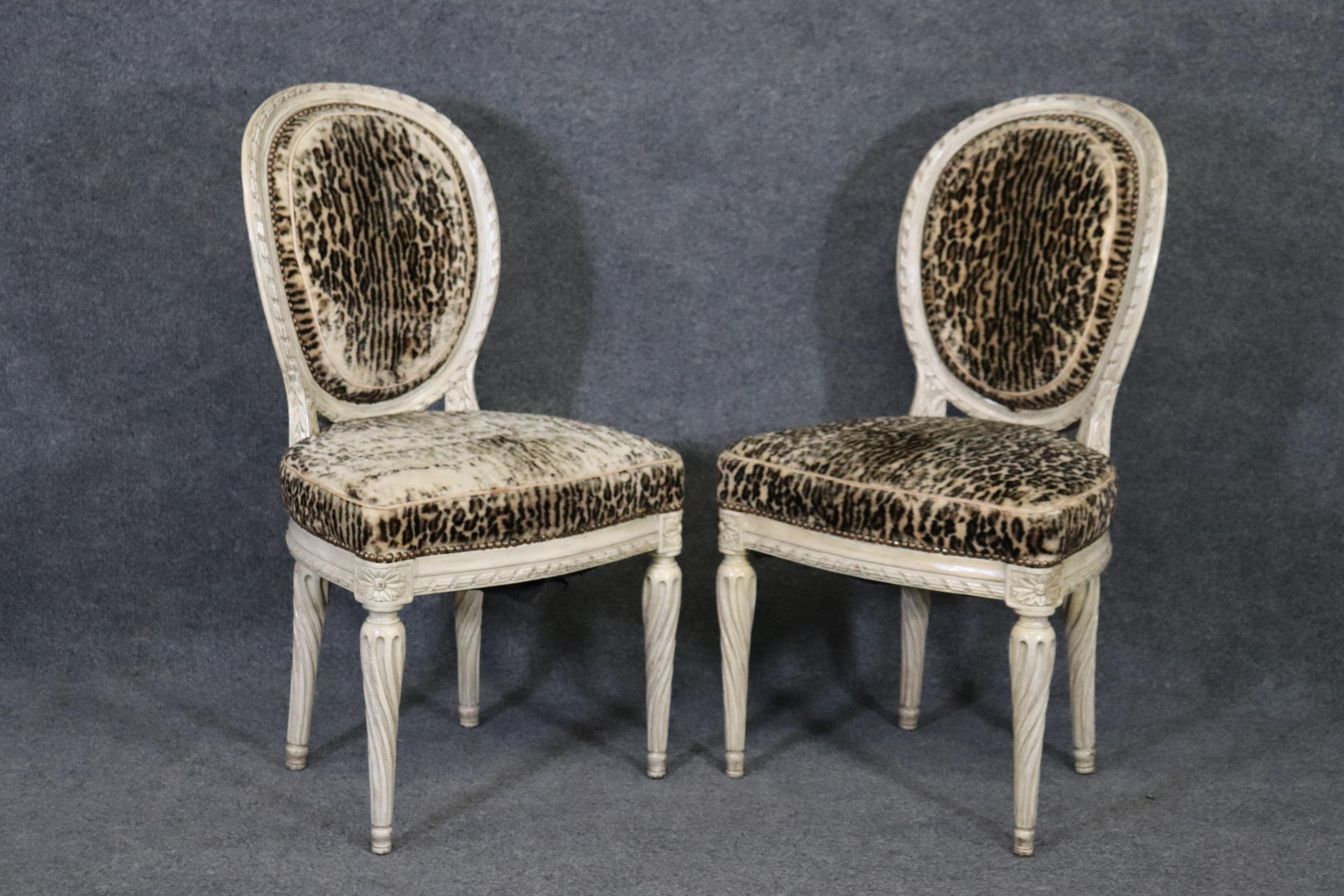 French Set 8 Fine Quality Leopard Print Upholstery Painted Directoire Dining Chairs