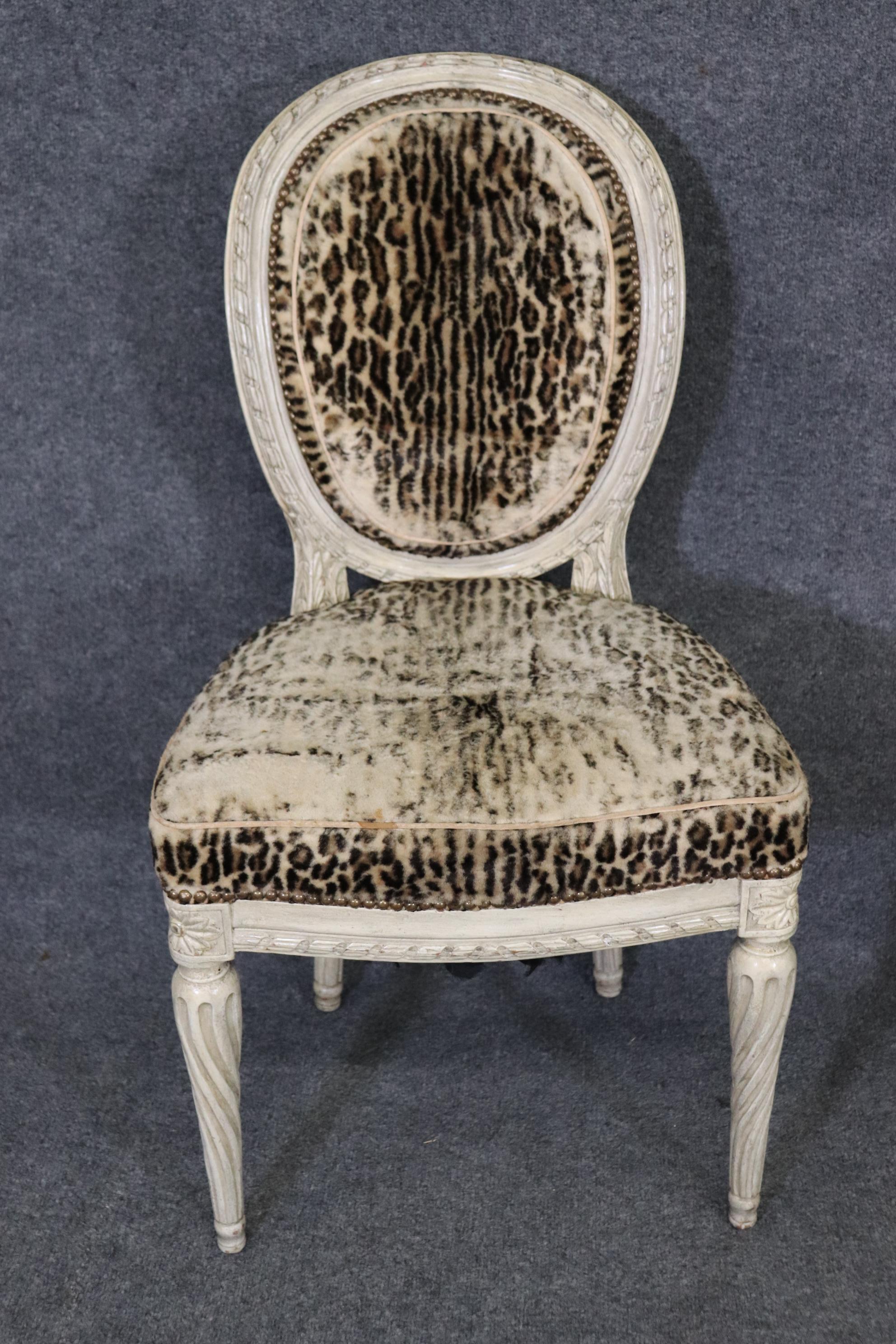 Mid-20th Century Set 8 Fine Quality Leopard Print Upholstery Painted Directoire Dining Chairs