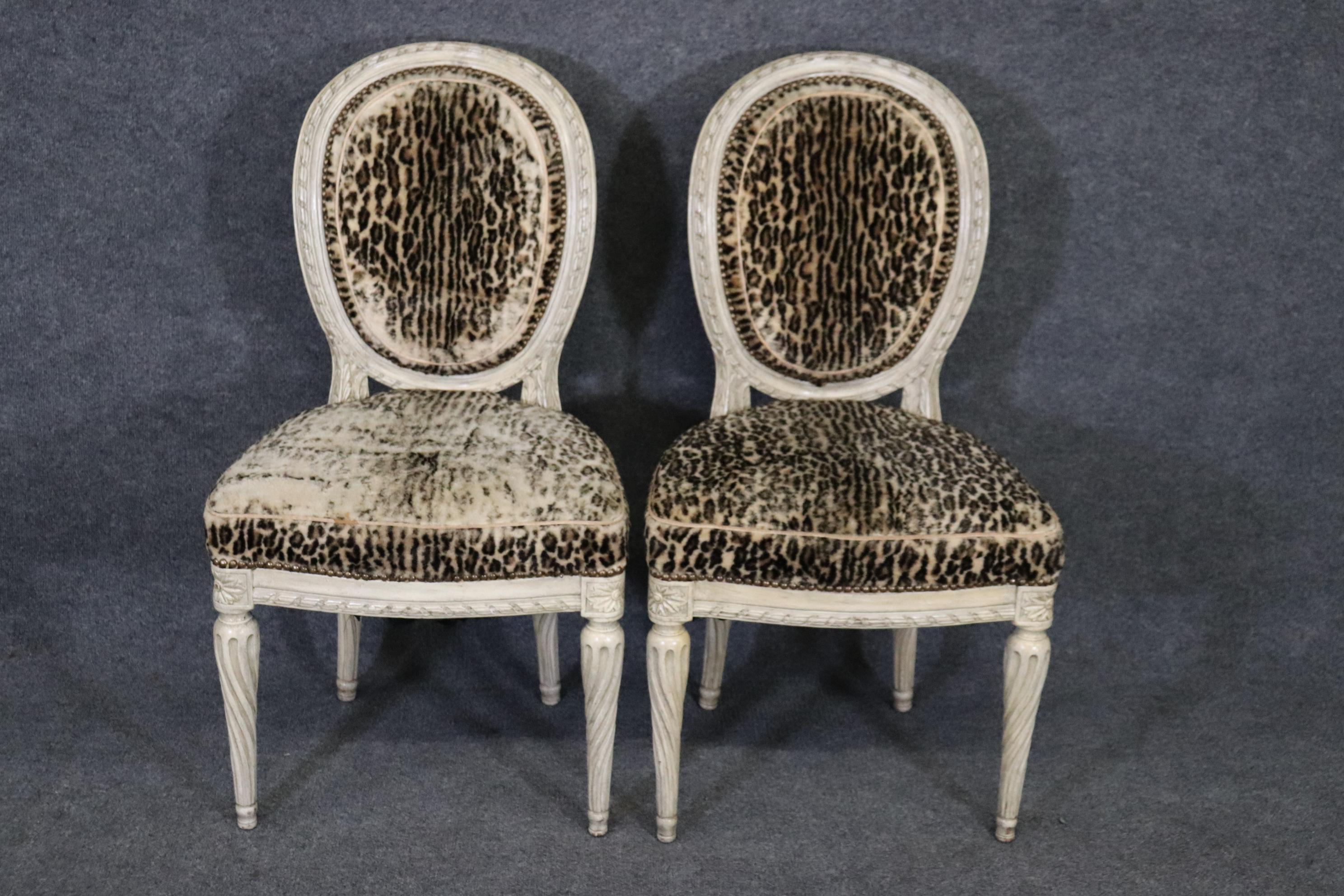 Walnut Set 8 Fine Quality Leopard Print Upholstery Painted Directoire Dining Chairs