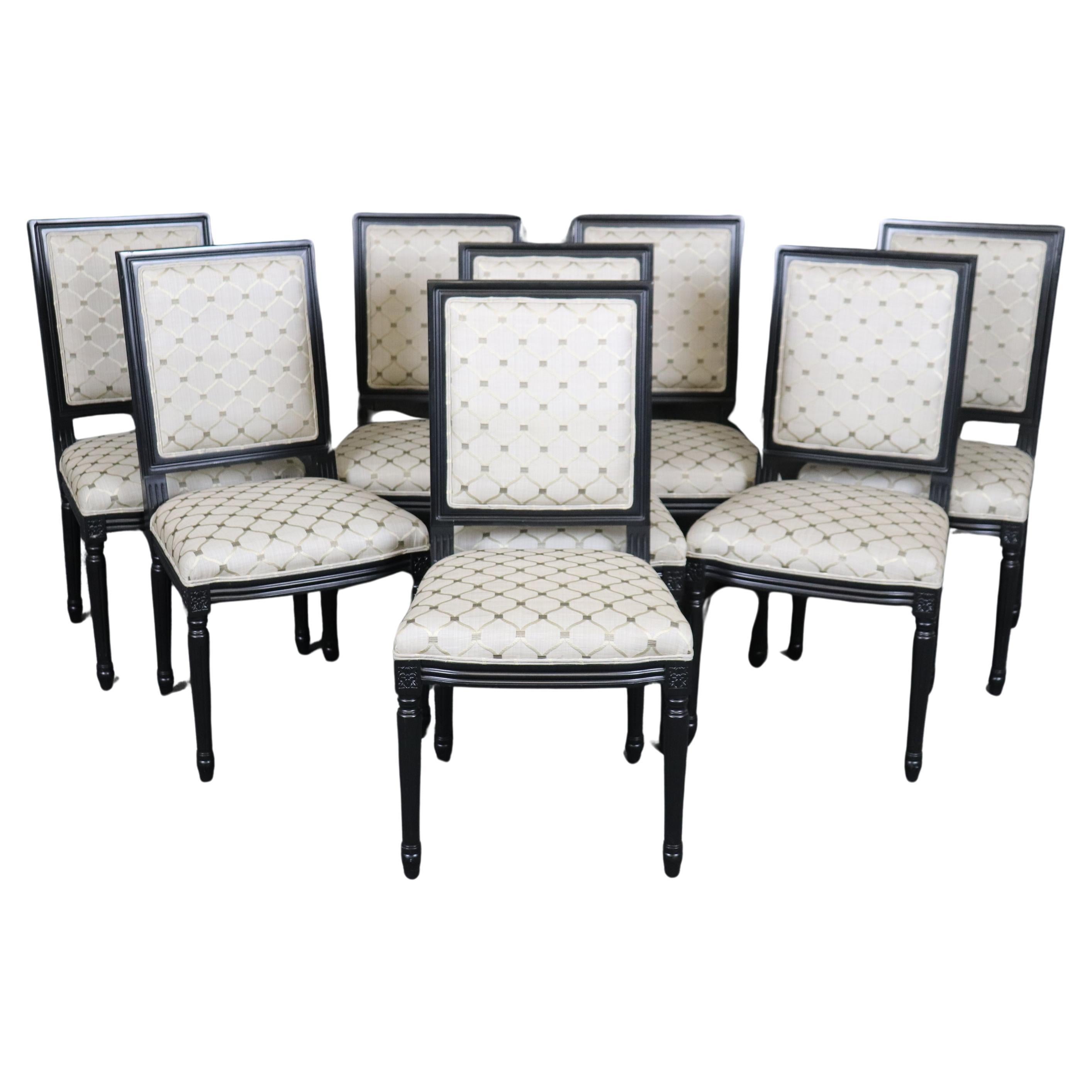 Set 8 French Louis XVI Ebonized Black Lacquer Maison Jansen Style Dining Chairs  For Sale