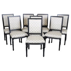 Retro Set 8 French Louis XVI Ebonized Black Lacquer Maison Jansen Style Dining Chairs 