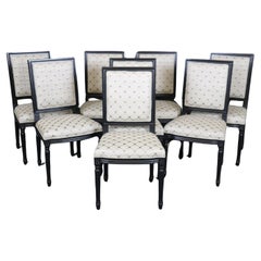 Set 8 French Louis XVI Ebonized Black Lacquer Maison Jansen Style Dining Chairs