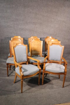 Set 8 French Louis XVI Style Cane Back Linen Upholstered Dining Chairs