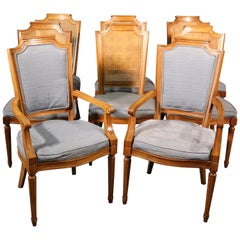 Set 8 French Louis XVI Style Cane Back Linen Upholstered Dining Chairs