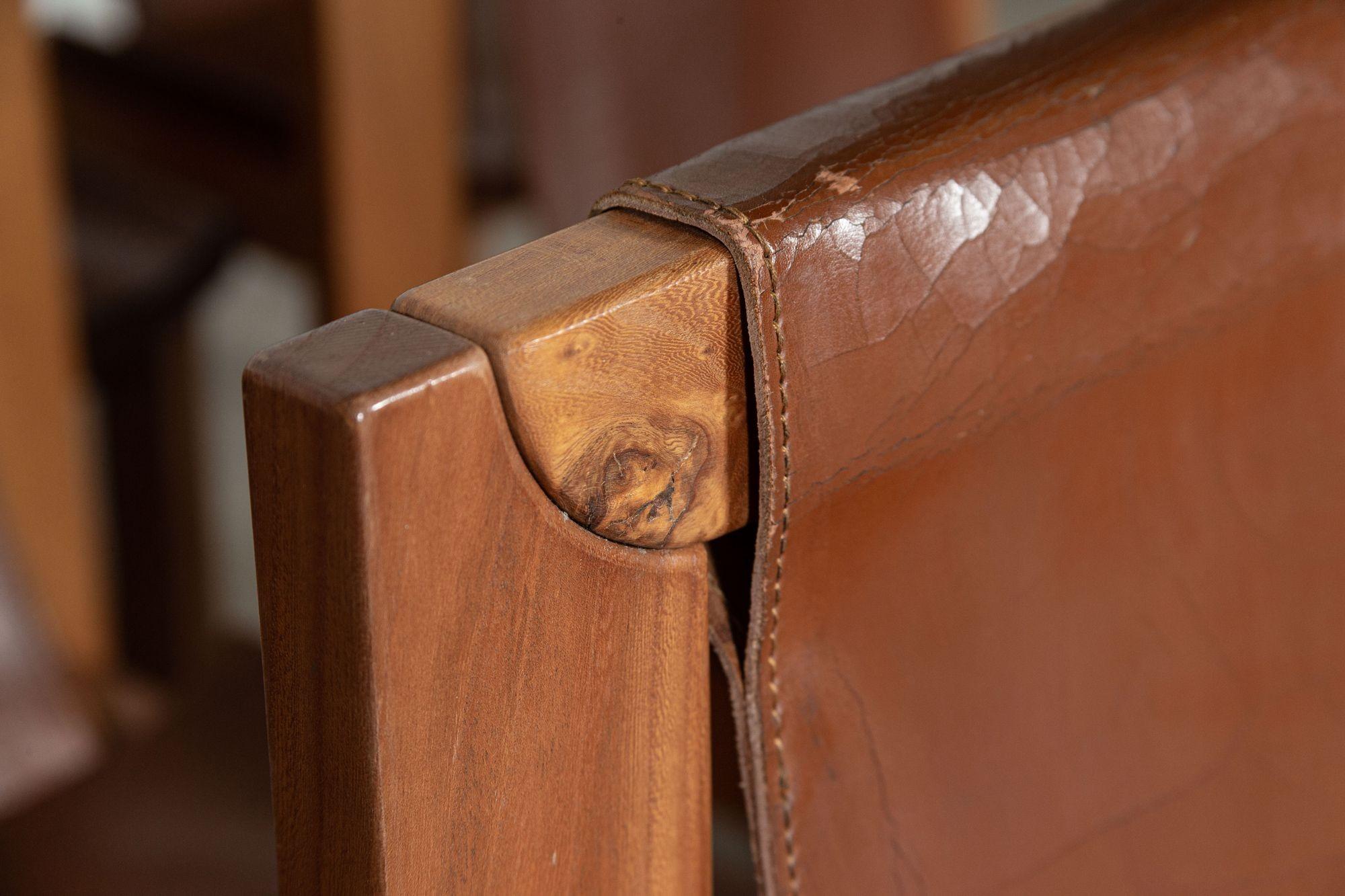 Set 8 French Roland Haeusler Elm & Leather Brutalist Chairs For Sale 11
