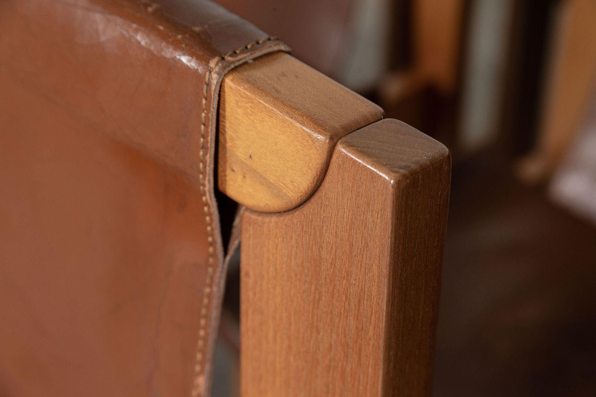 Set 8 French Roland Haeusler Elm & Leather Brutalist Chairs For Sale 13