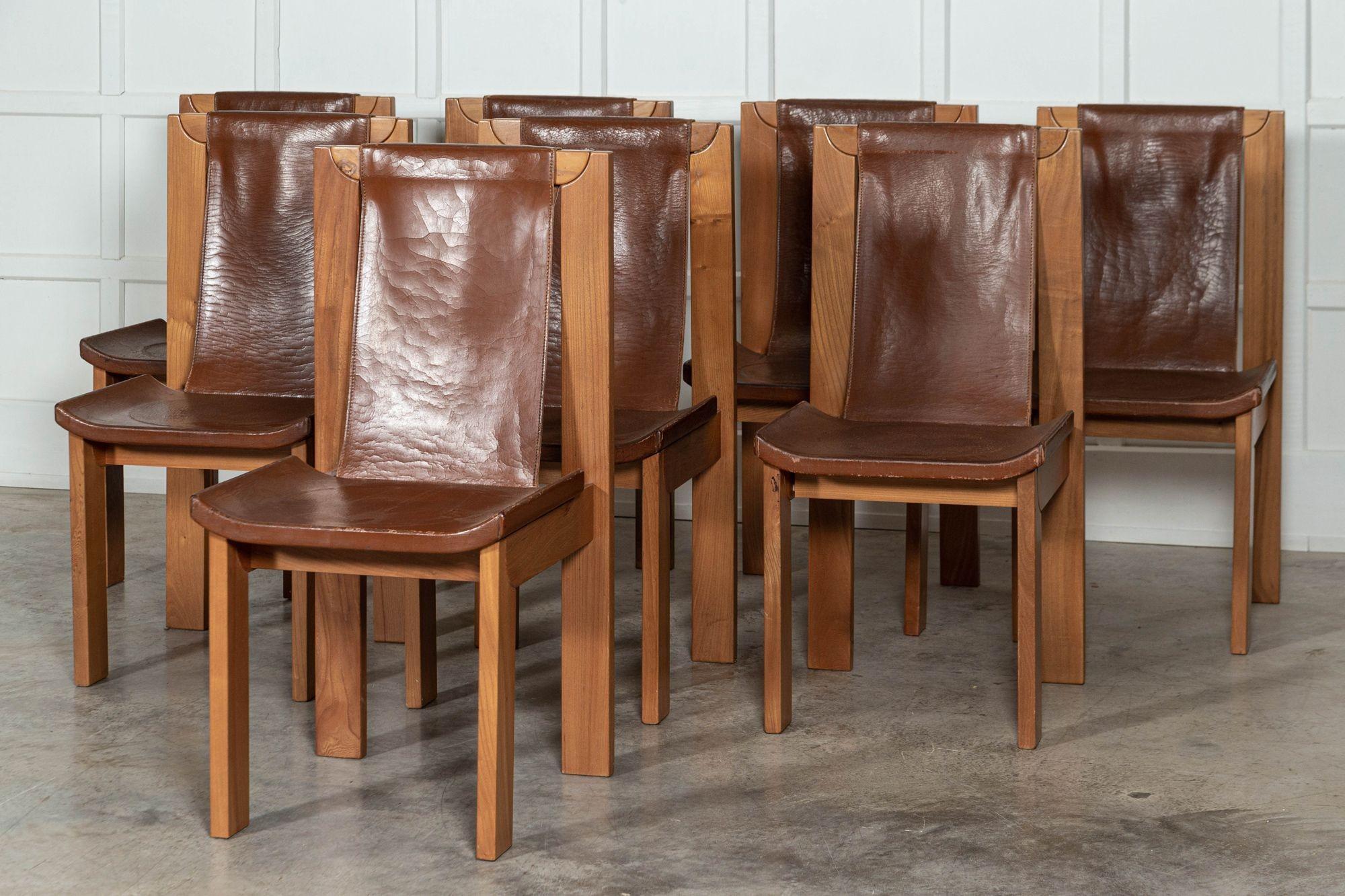 Set 8 French Roland Haeusler Elm & Leather Brutalist Chairs In Good Condition For Sale In Staffordshire, GB