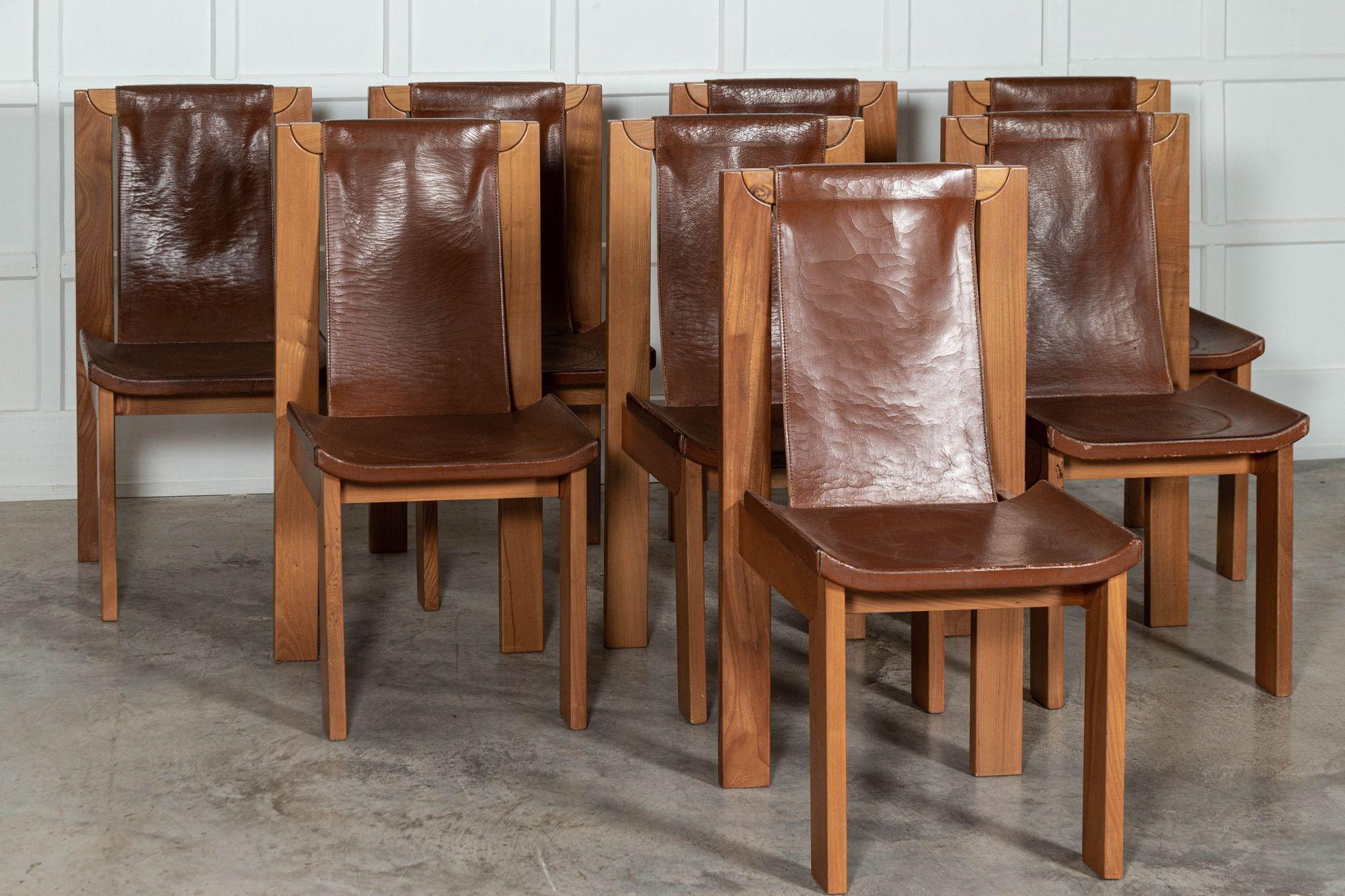 20th Century Set 8 French Roland Haeusler Elm & Leather Brutalist Chairs For Sale