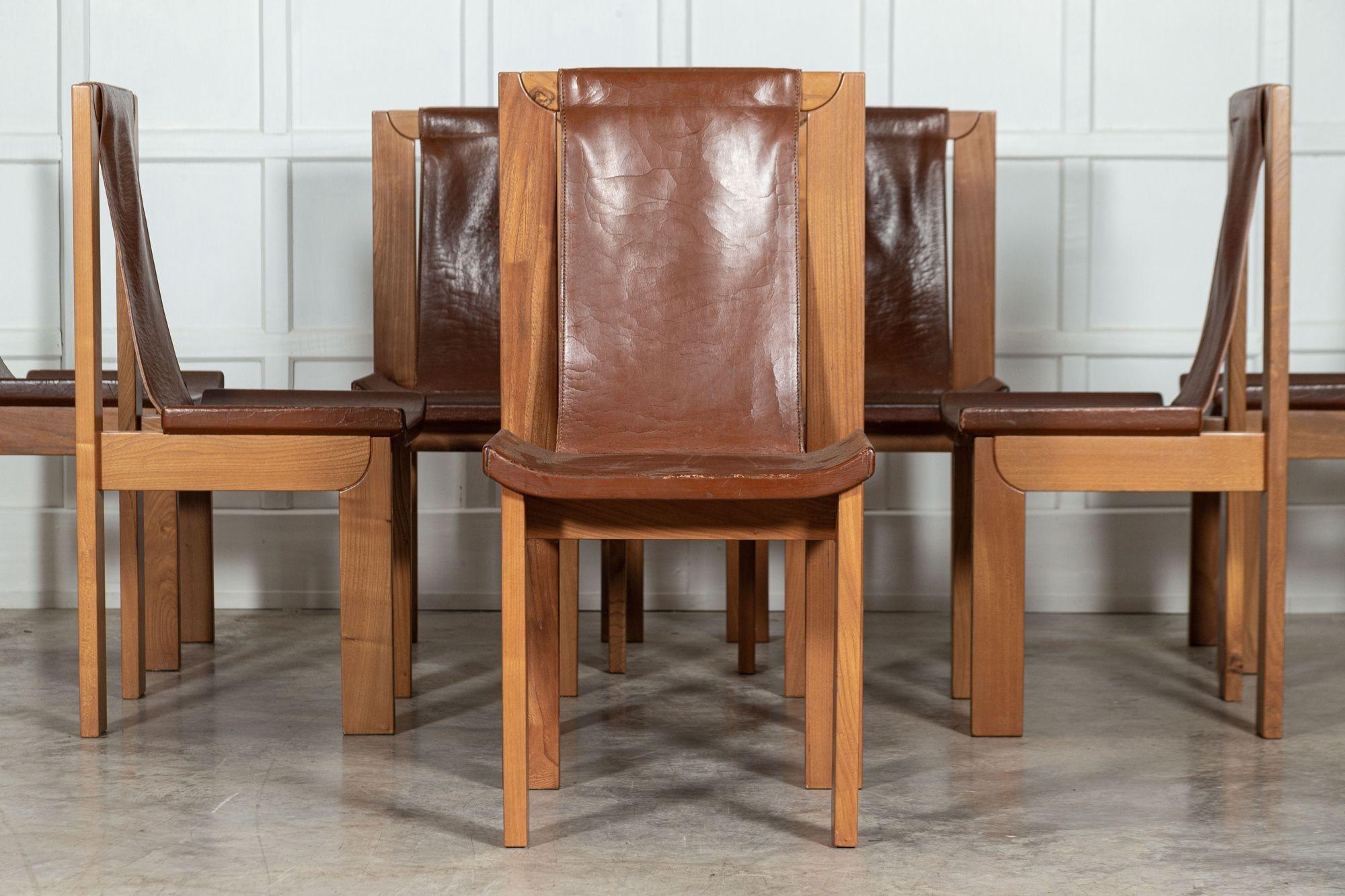 Set 8 French Roland Haeusler Elm & Leather Brutalist Chairs For Sale 1