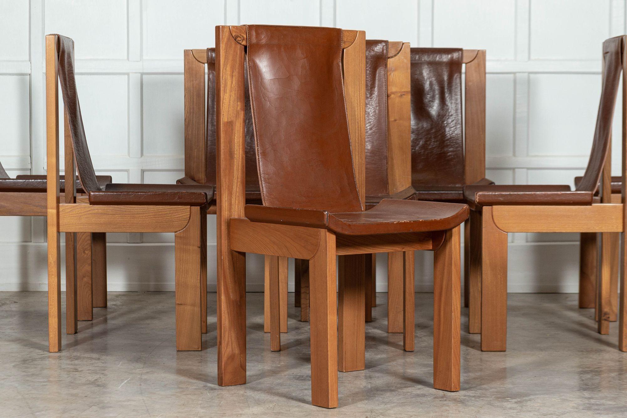 Set 8 French Roland Haeusler Elm & Leather Brutalist Chairs For Sale 3
