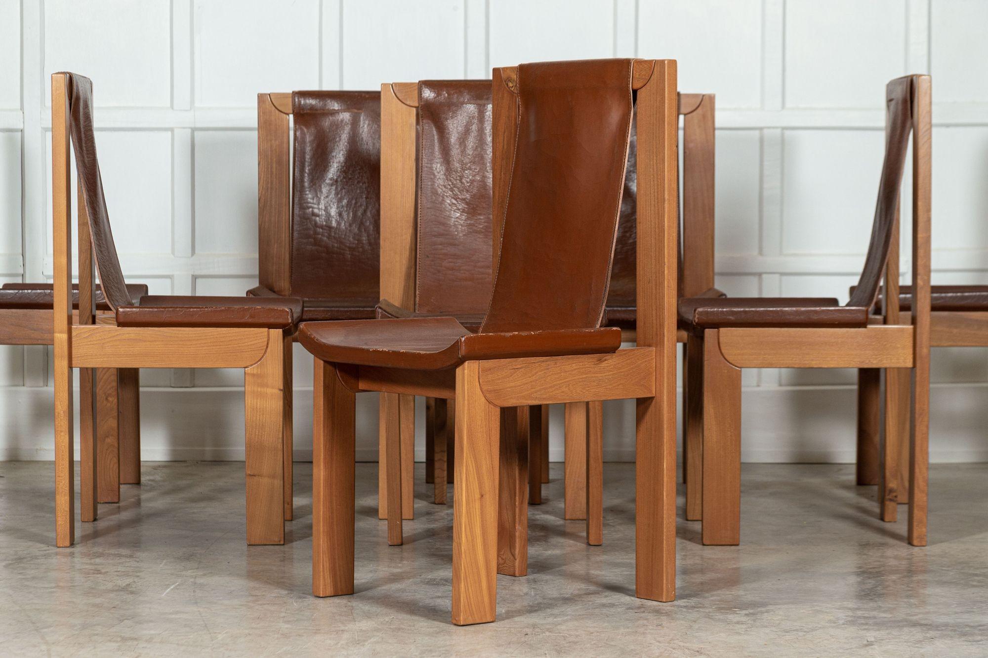 Set 8 French Roland Haeusler Elm & Leather Brutalist Chairs For Sale 4