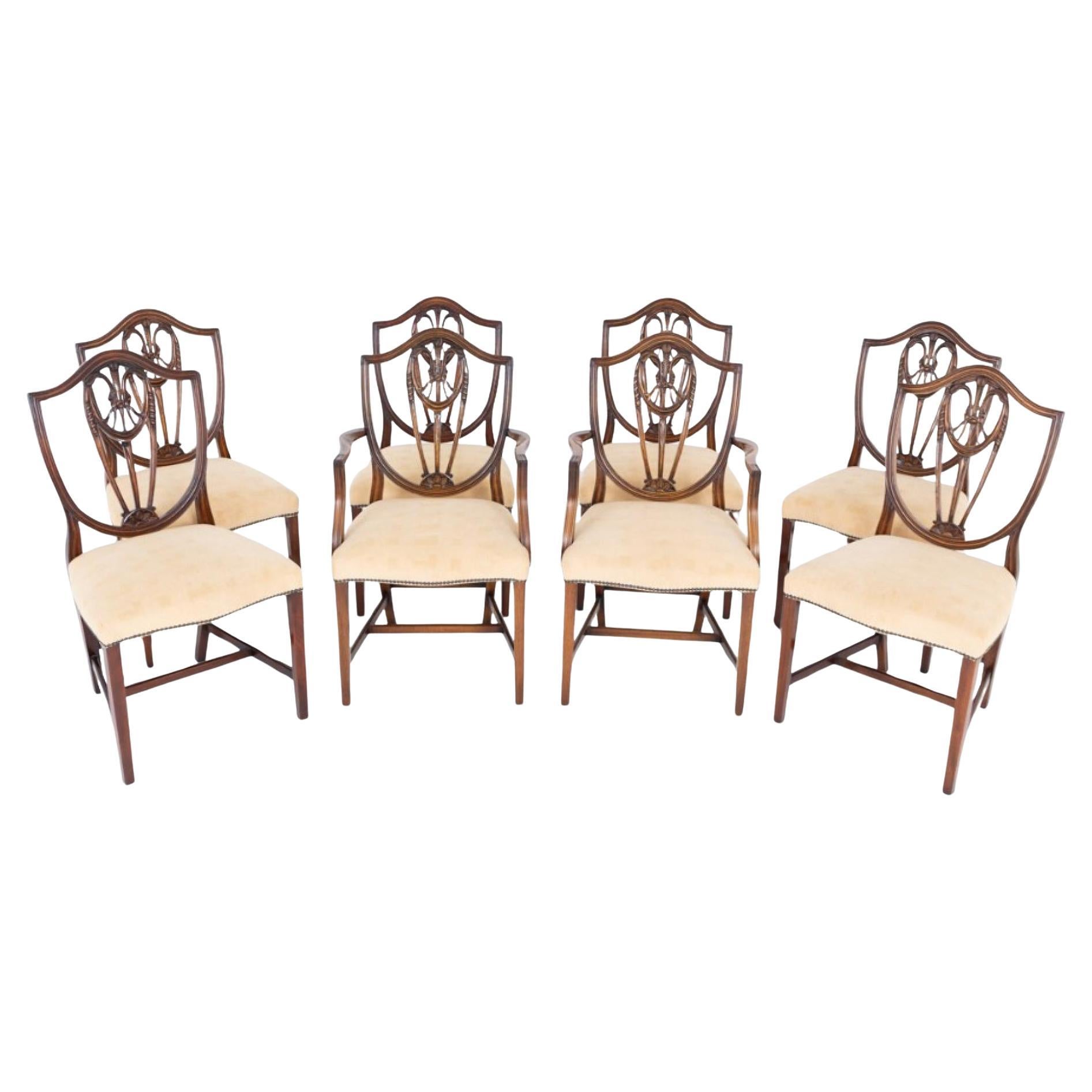 Set of Eight Hepplewhite Mahogany Dining Chairs, Carved Backs, 1920