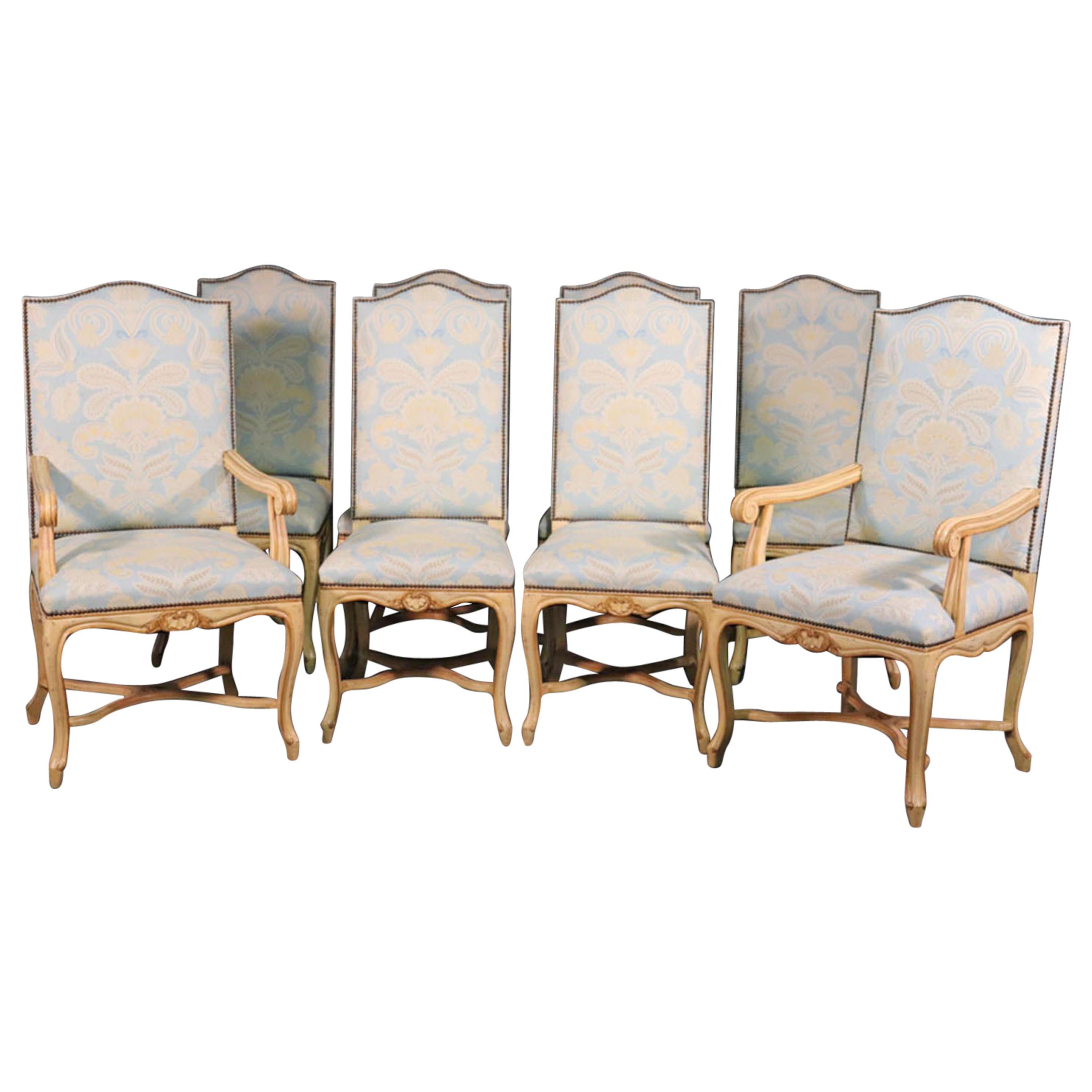 Set of 8 Maison Jansen Crème Paint and Gold Gilded French Louis XV Dining Chairs
